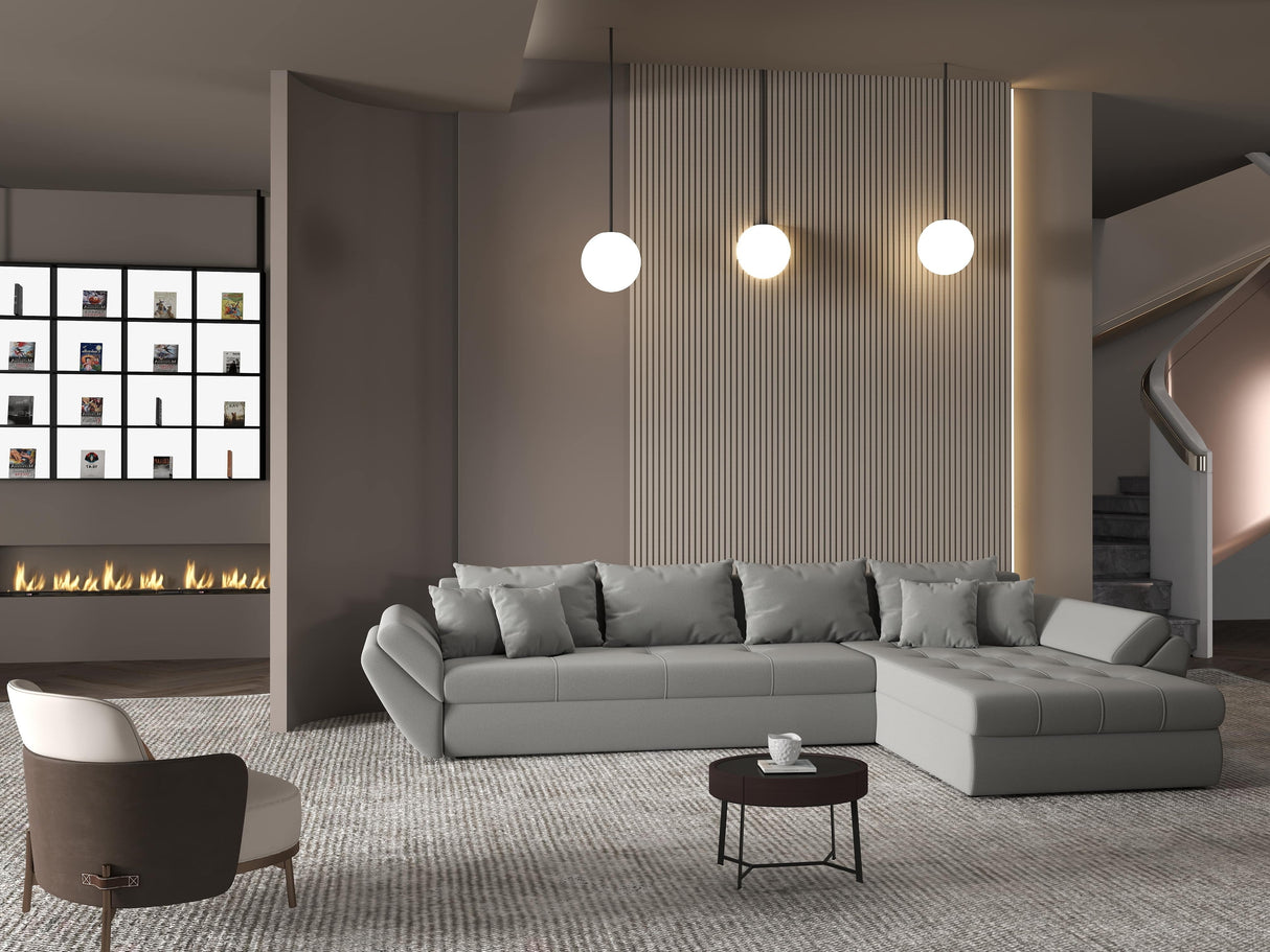 Colțar extensibil dumonde cu ladă de depozitare si sezut confortabil din spuma HR, Loana XL Royal Gri II 335x185 cm Fabrica