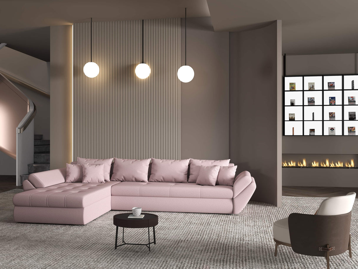 Colțar extensibil dumonde cu ladă de depozitare si sezut confortabil din spuma HR, Loana XL Enjoy Roz 335x185 cm Fabrica