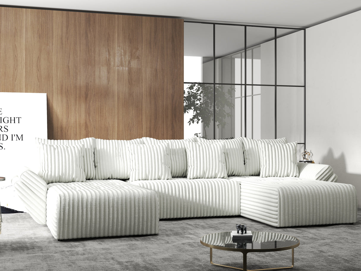 Colțar extensibil dumonde cu ladă de depozitare si sezut confortabil din spuma HR, Berlin U Ambience Bej 380x180 cm Fabrica