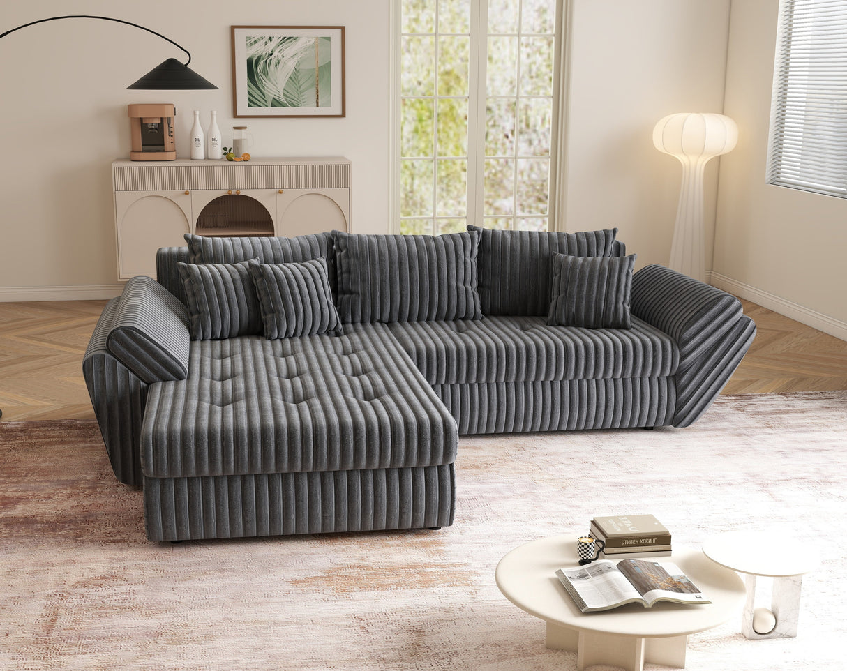 Colțar extensibil dumonde cu ladă de depozitare si sezut confortabil din spuma HR, Loana Gri Ambience 270x185 cm Fabrica