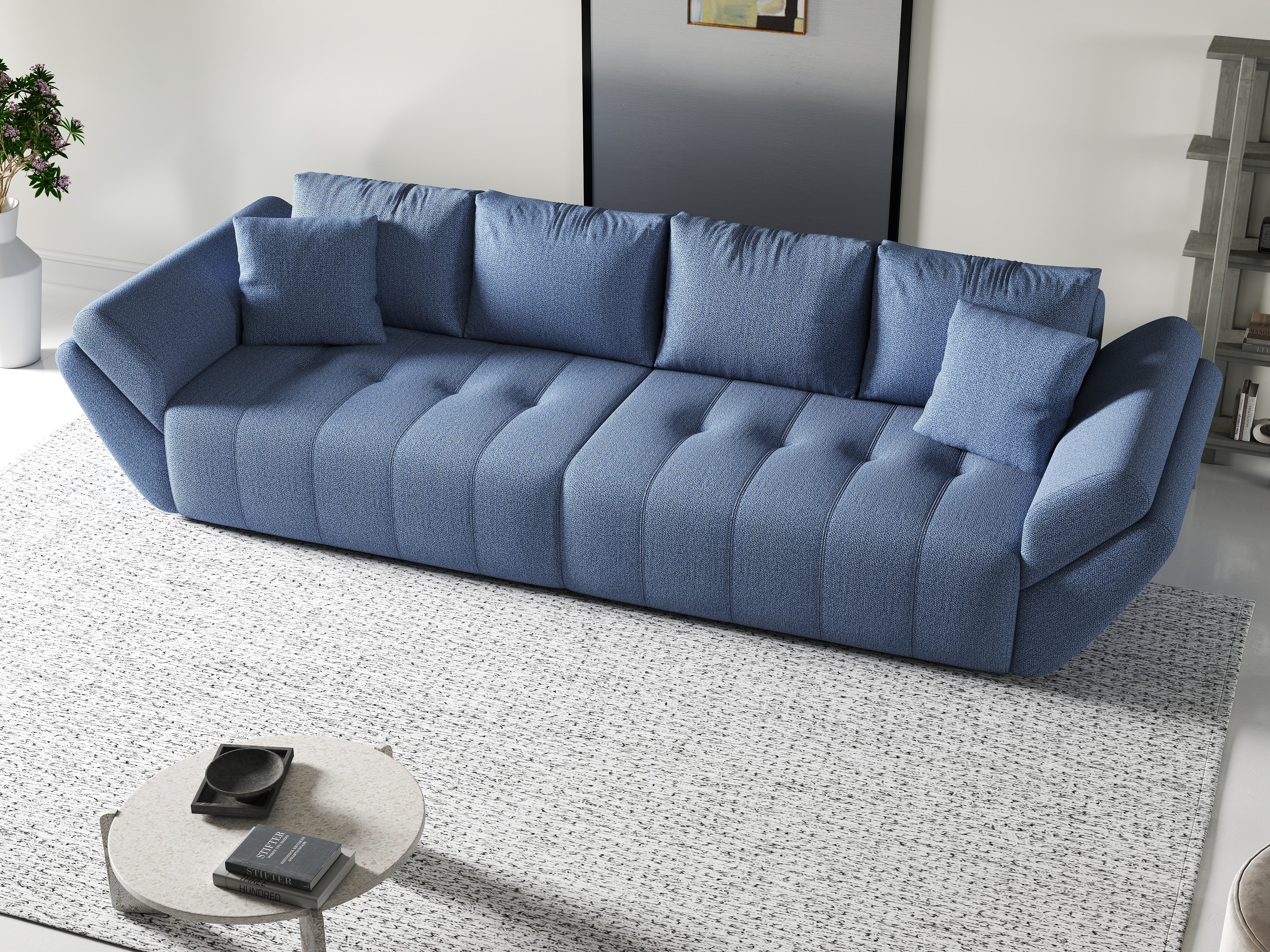 Canapea extensibilă dumonde cu ladă de depozitare si sezut confortabil din spuma HR, Berlin Blue 300x100 cm Fabrica