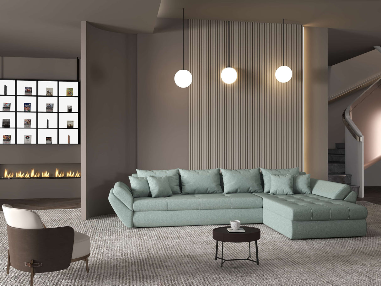 Colțar extensibil dumonde cu ladă de depozitare si sezut confortabil din spuma HR, Loana XL Enjoy Mint II 335x185 cm Fabrica