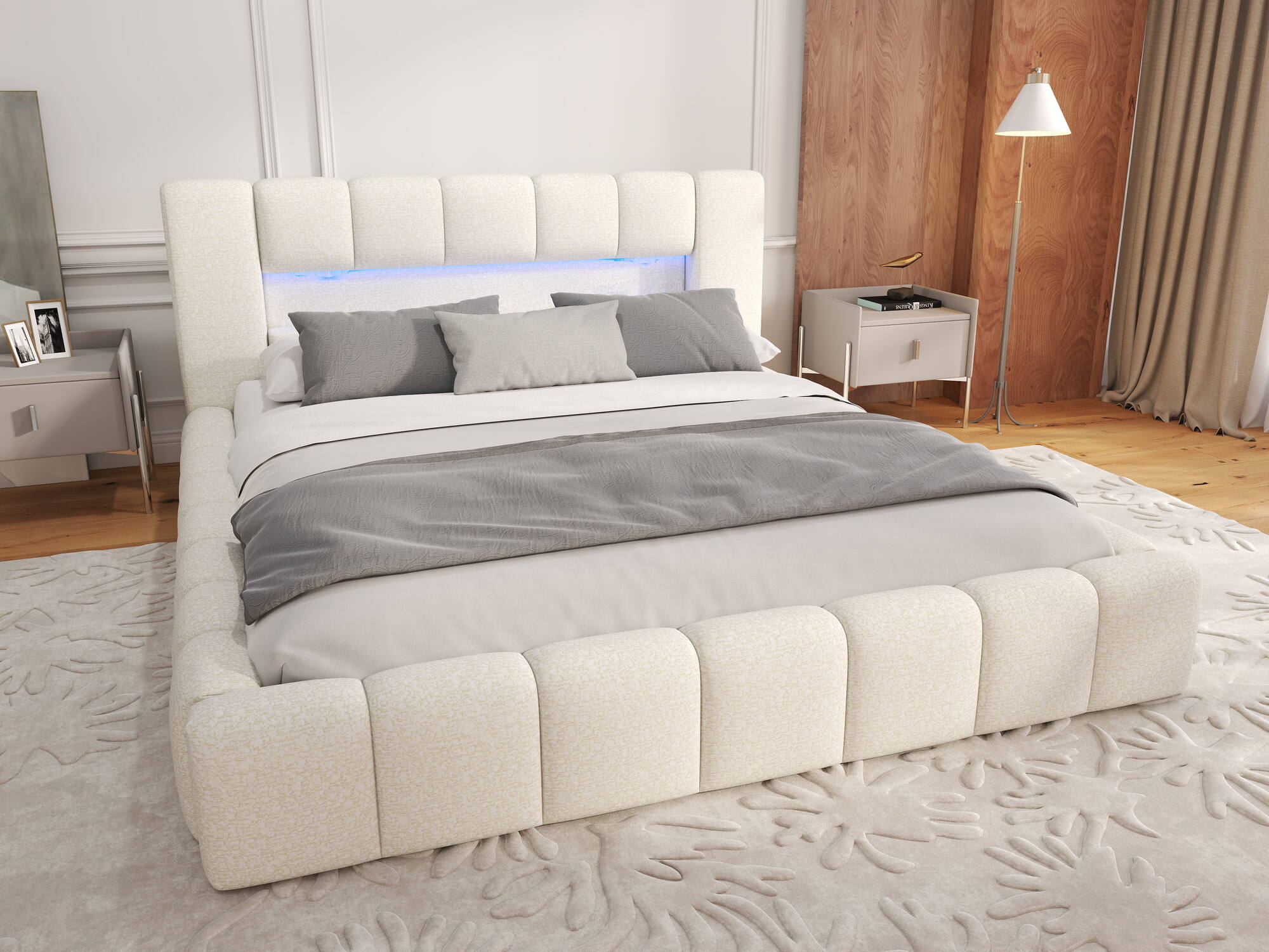 Pat dormitor dumonde, tapitat bej, Palermo 180x200 cm, somiera rabatabila inclusa, spatiu depozitare