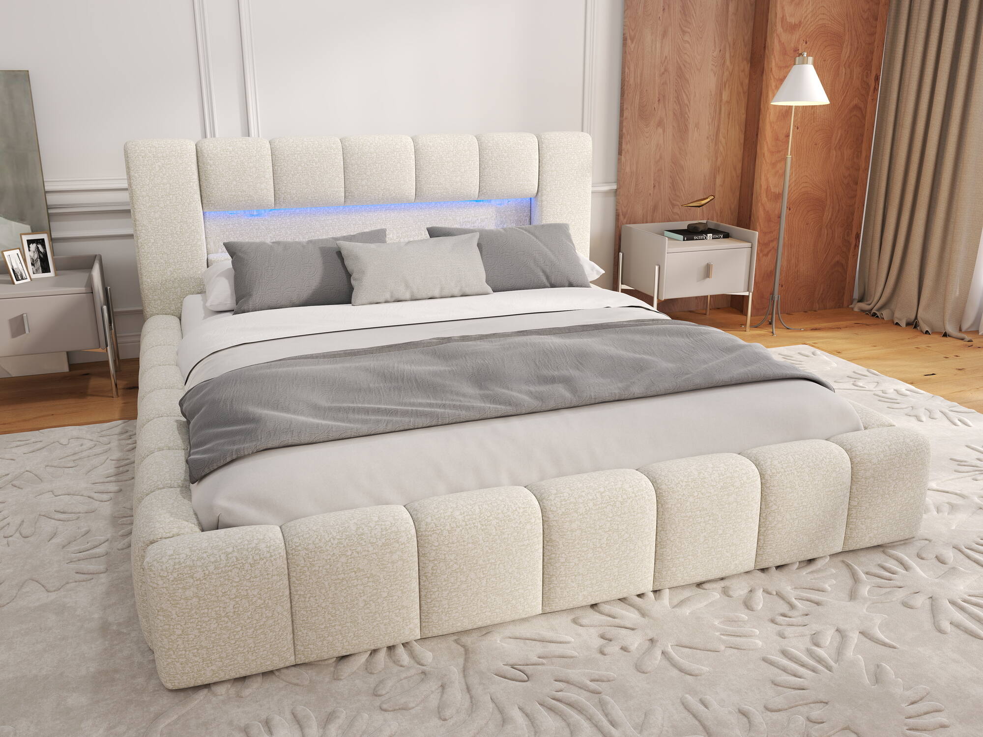 Pat dormitor dumonde, tapitat bej, Palermo 180x200 cm, somiera rabatabila inclusa, spatiu depozitare