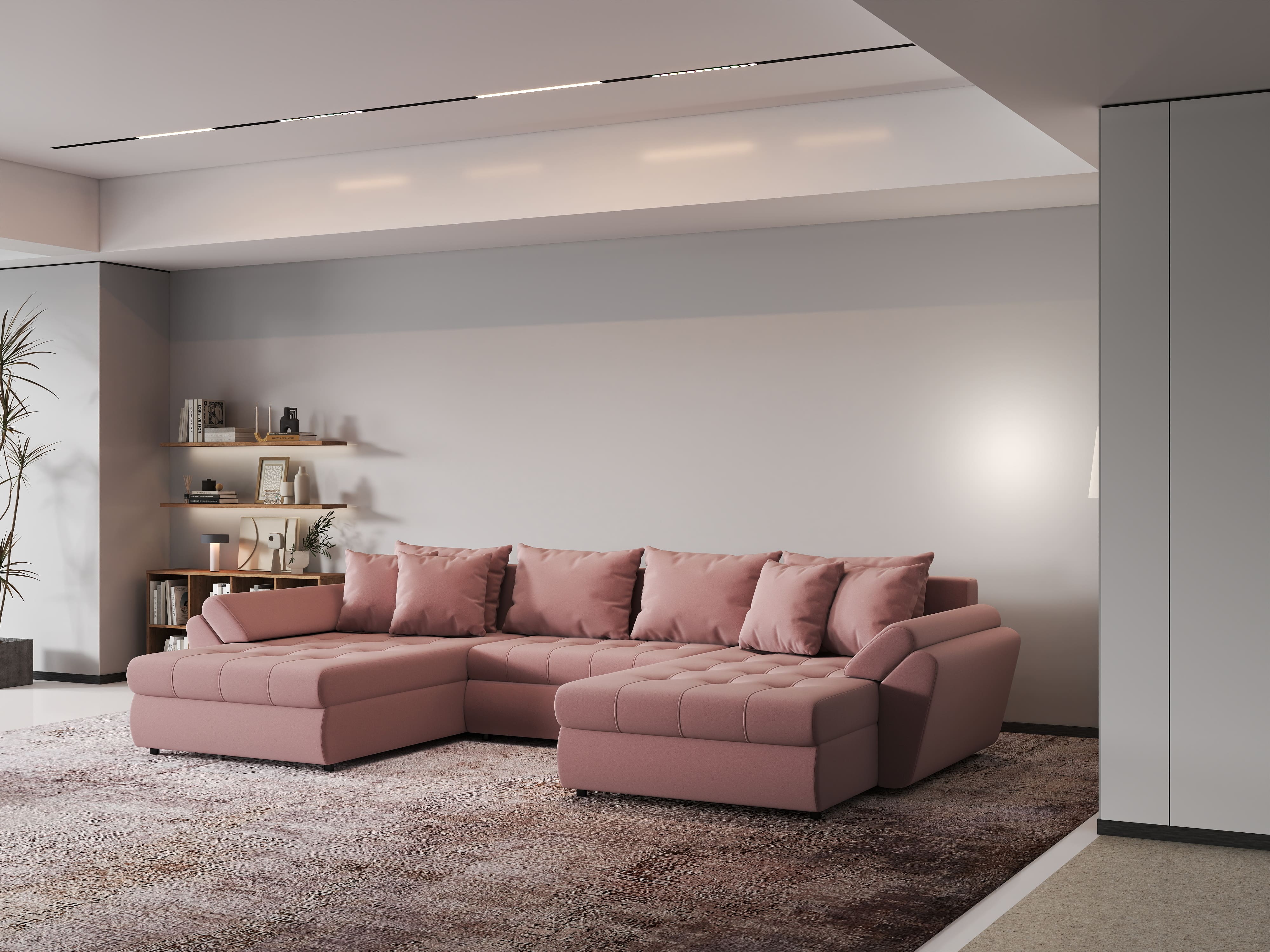 Colțar extensibil dumonde cu ladă de depozitare si sezut confortabil din spuma HR, Loana Royal Roz U 355x185 cm Fabrica