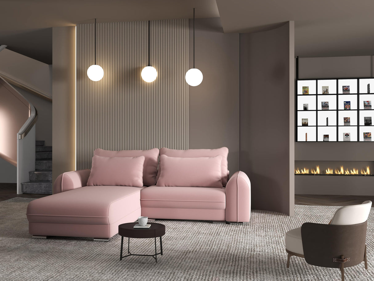 Colțar extensibil dumonde cu ladă de depozitare si sezut confortabil din spuma HR, Denver Royal Roz 275x185 cm Fabrica
