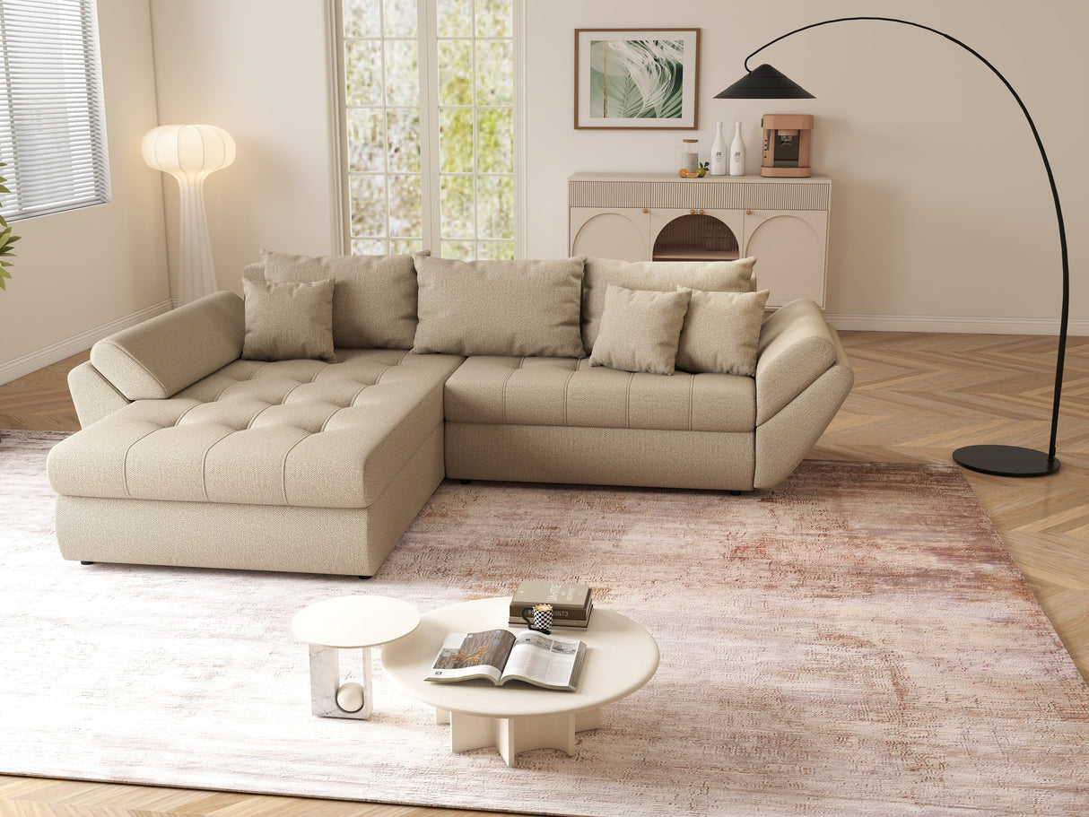 Colțar extensibil dumonde cu ladă de depozitare si sezut confortabil din spuma HR, Loana Camel 270x185 cm Fabrica