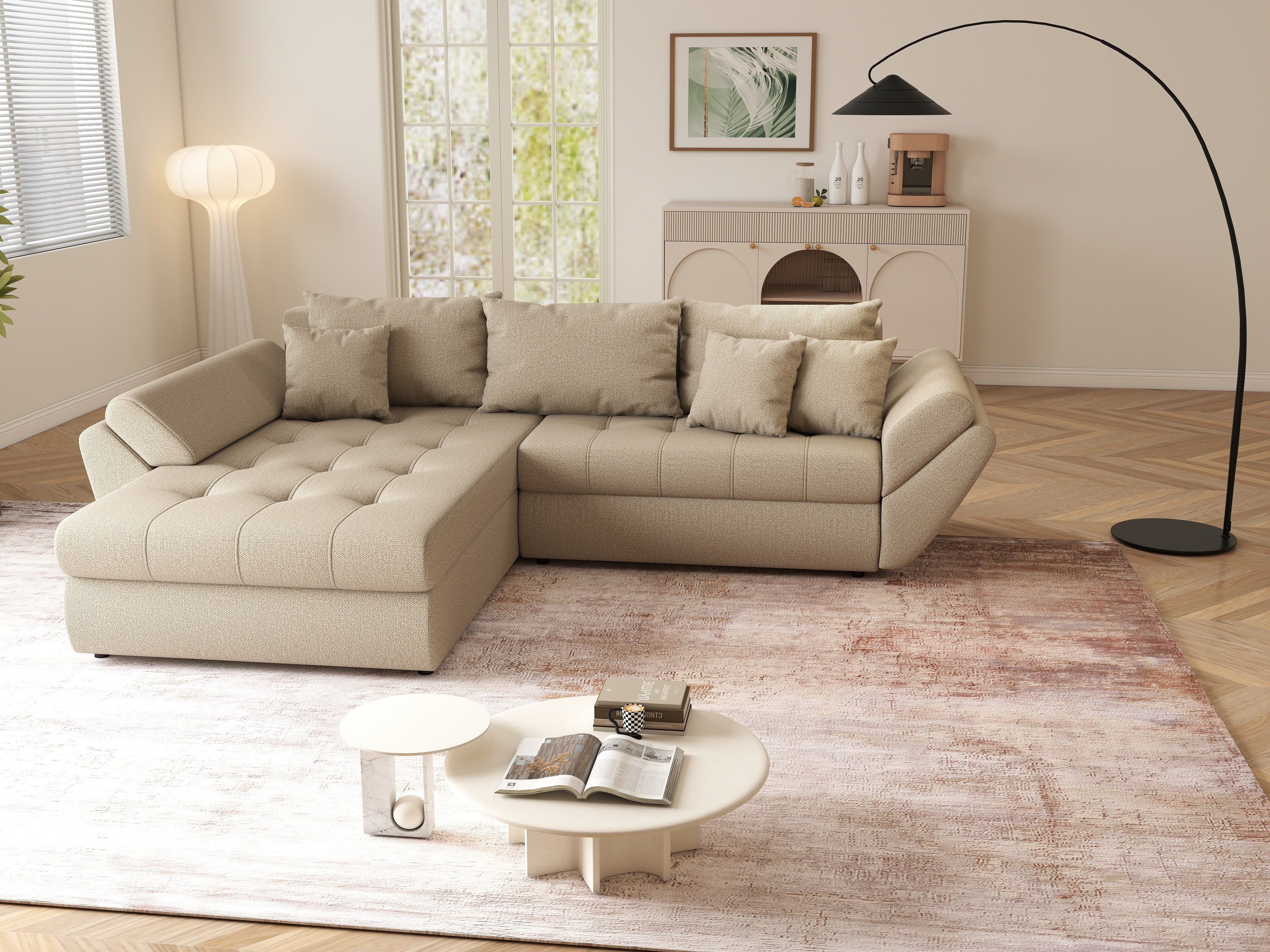 Colțar extensibil dumonde cu ladă de depozitare si sezut confortabil din spuma HR, Loana Camel 270x185 cm Fabrica