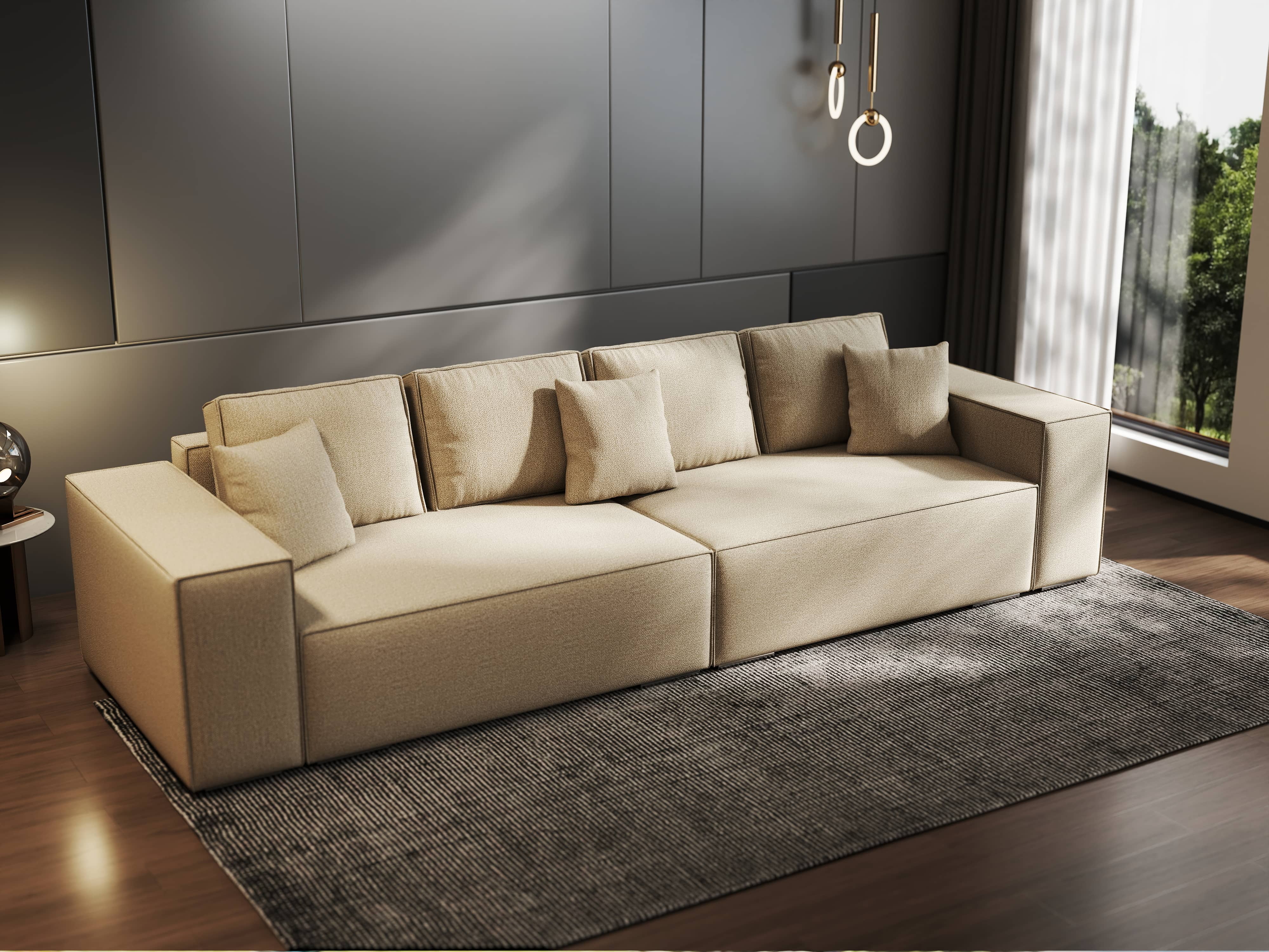Canapea extensibilă dumonde cu ladă de depozitare si sezut confortabil din spuma HR, Dream Enjoy Camel 310x100 cm Fabrica