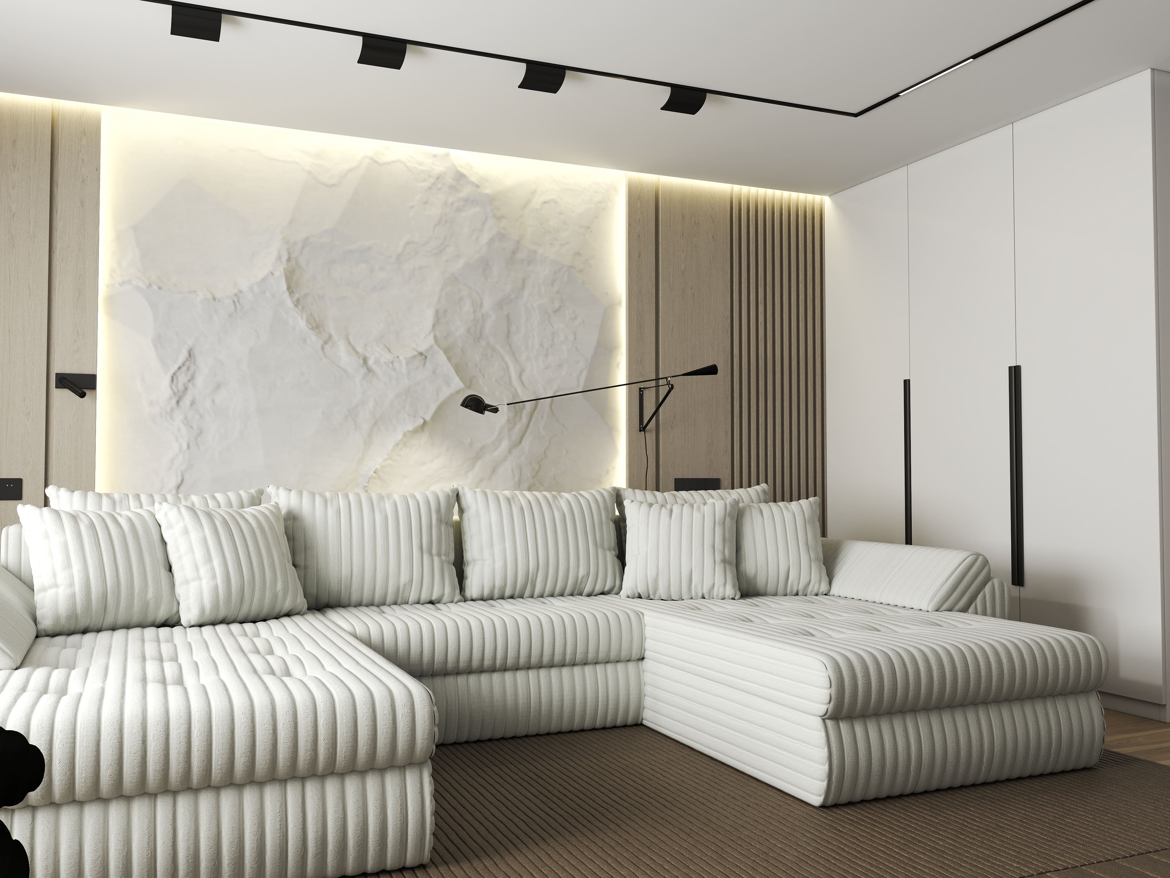 Colțar extensibil dumonde cu ladă de depozitare si sezut confortabil din spuma HR, Loana U Bej Ambience 355x185 cm Fabrica