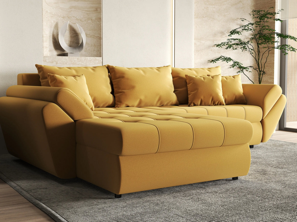 Colțar extensibil dumonde cu ladă de depozitare si sezut confortabil din spuma HR, Loana Muștar 270x185 cm Fabrica
