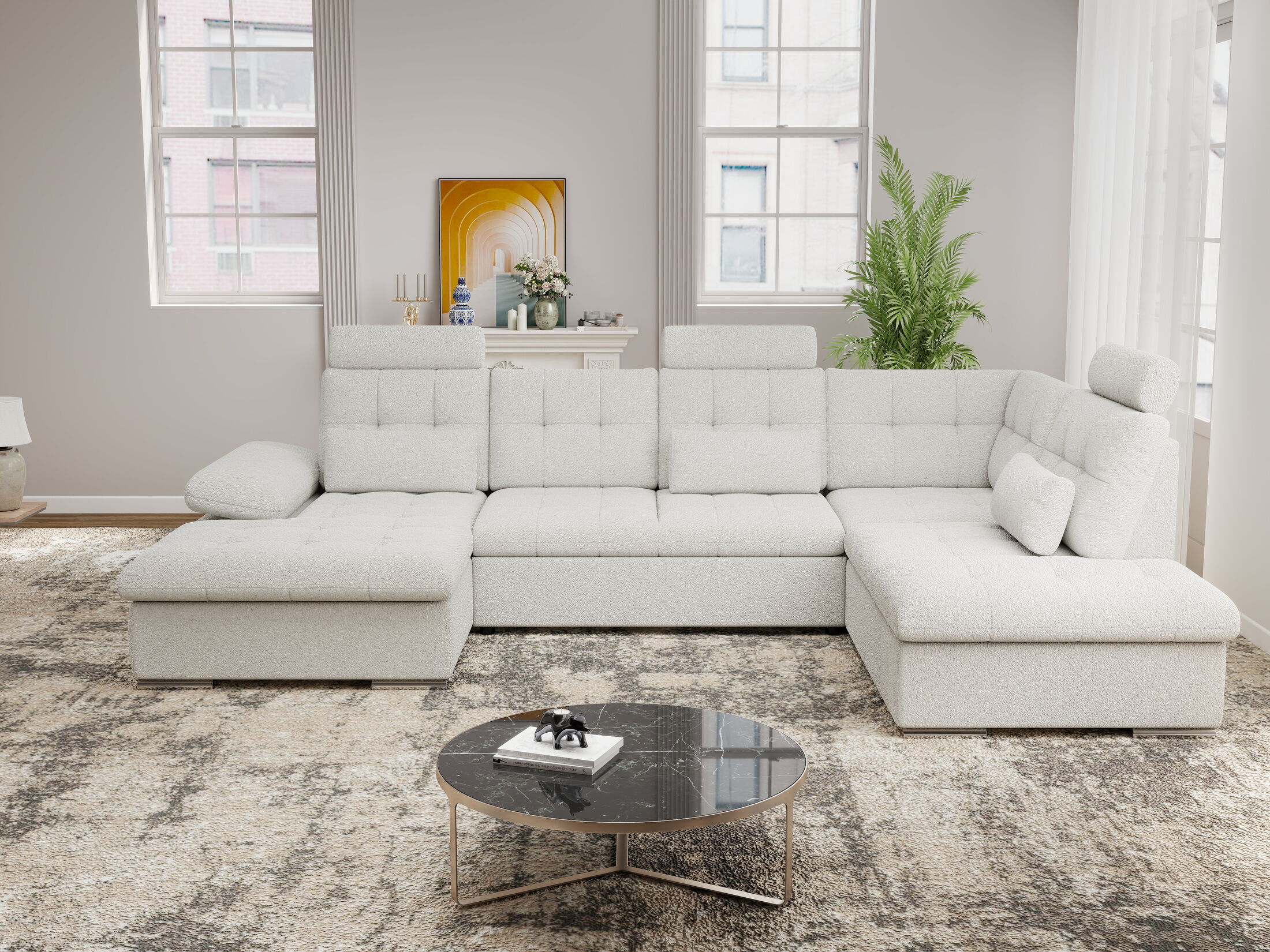 Colțar extensibil dumonde cu ladă de depozitare și șezut confortabil din spumă HR, Merkur U Euphoria Alb 324x218 cm