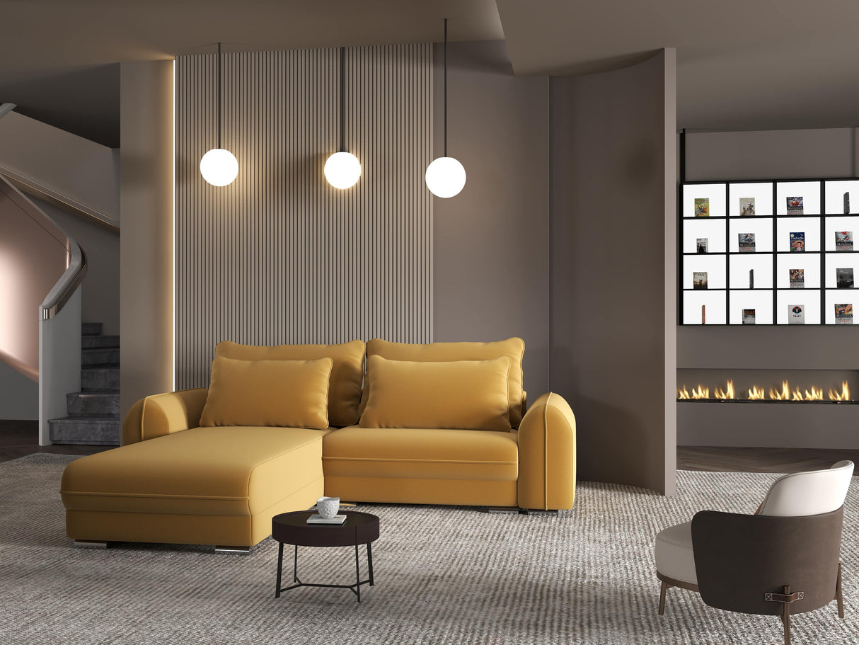 Colțar extensibil dumonde cu ladă de depozitare si sezut confortabil din spuma HR, Denver Royal Mustar 275x185 cm Fabrica