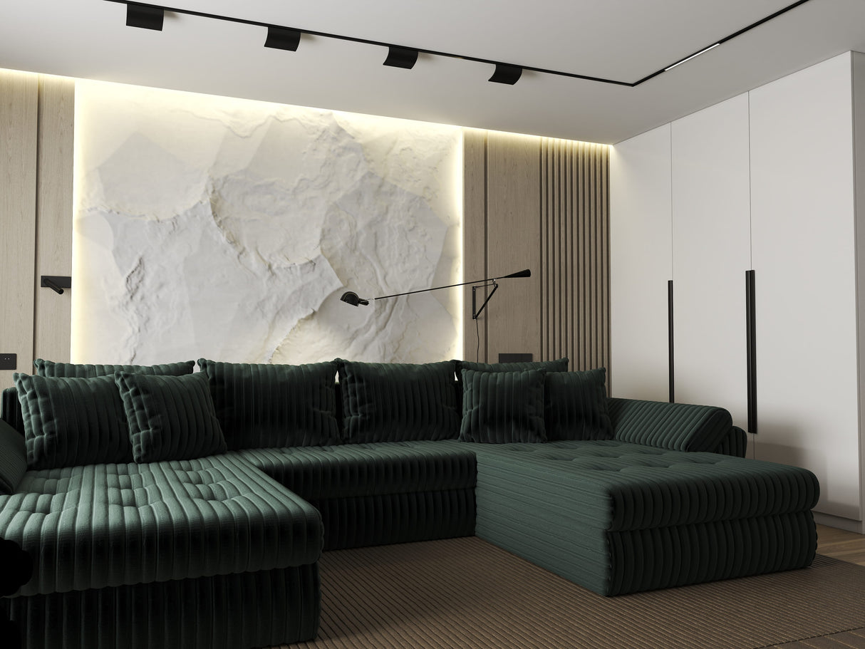 Colțar extensibil dumonde cu ladă de depozitare si sezut confortabil din spuma HR, Loana U Verde Ambience 355x185 cm Fabrica