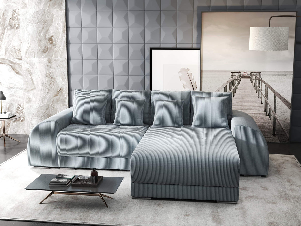 Colțar extensibil dumonde cu ladă de depozitare si sezut confortabil din spuma HR, Verona Zoom Gri Mint II 290x185 cm Fabrica
