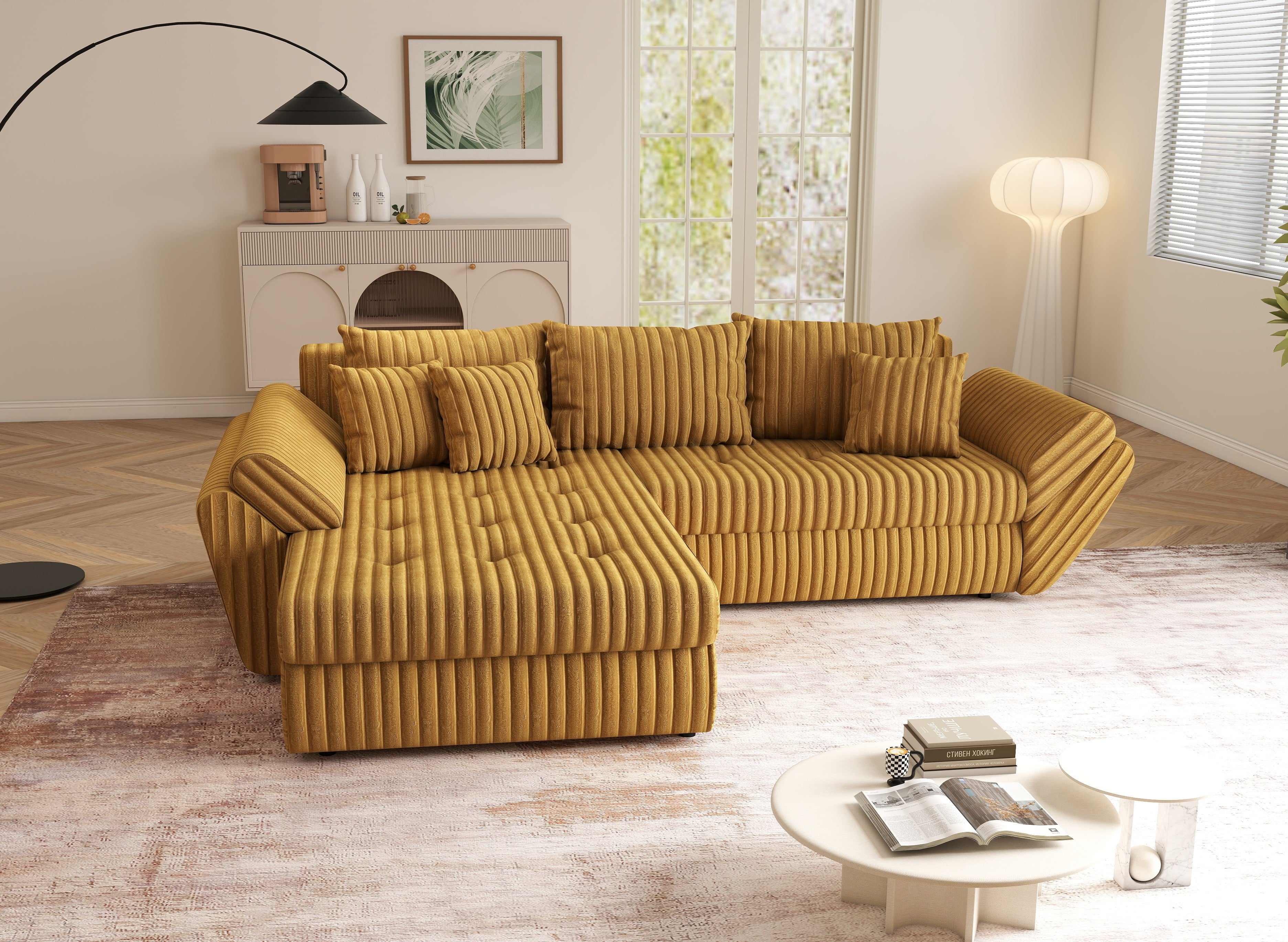 Colțar extensibil dumonde cu ladă de depozitare si sezut confortabil din spuma HR, Loana Mustar Ambience 270x185 cm Fabrica