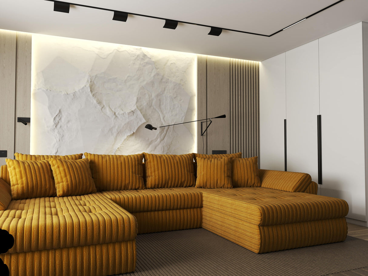 Colțar extensibil dumonde cu ladă de depozitare si sezut confortabil din spuma HR, Loana U Mustar Ambience 355x185 cm Fabrica