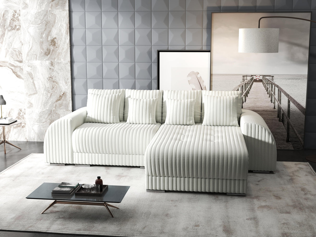Colțar extensibil dumonde cu ladă de depozitare si sezut confortabil din spuma HR, Verona Ambience Alb II 290x185 cm Fabrica