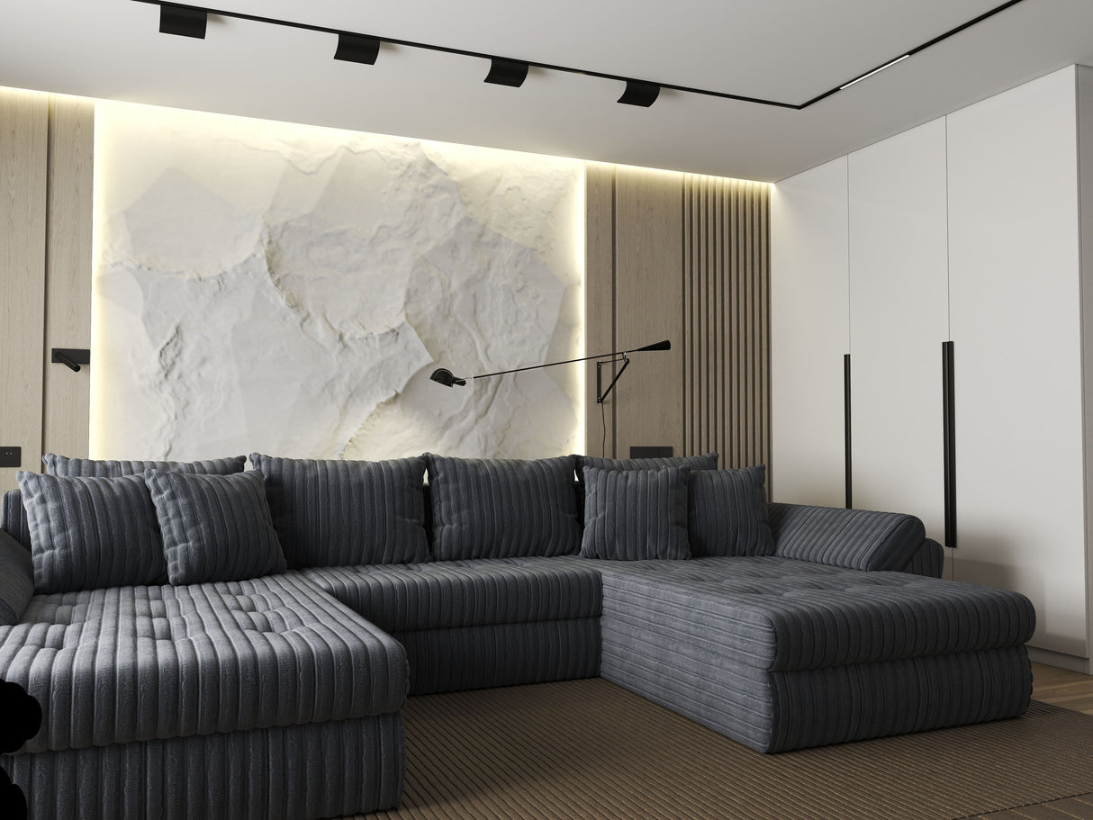 Colțar extensibil dumonde cu ladă de depozitare si sezut confortabil din spuma HR, Loana U Gri Ambience 355x185 cm Fabrica