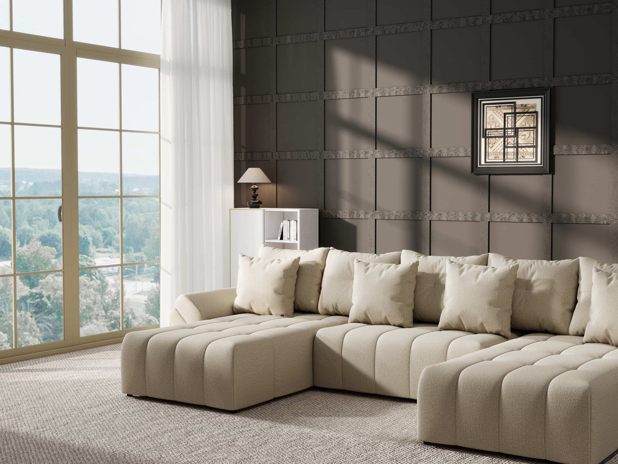 Colțar extensibil dumonde cu ladă de depozitare si sezut confortabil din spuma HR, Berlin U Enjoy Bej 2 380x180 cm Fabrica