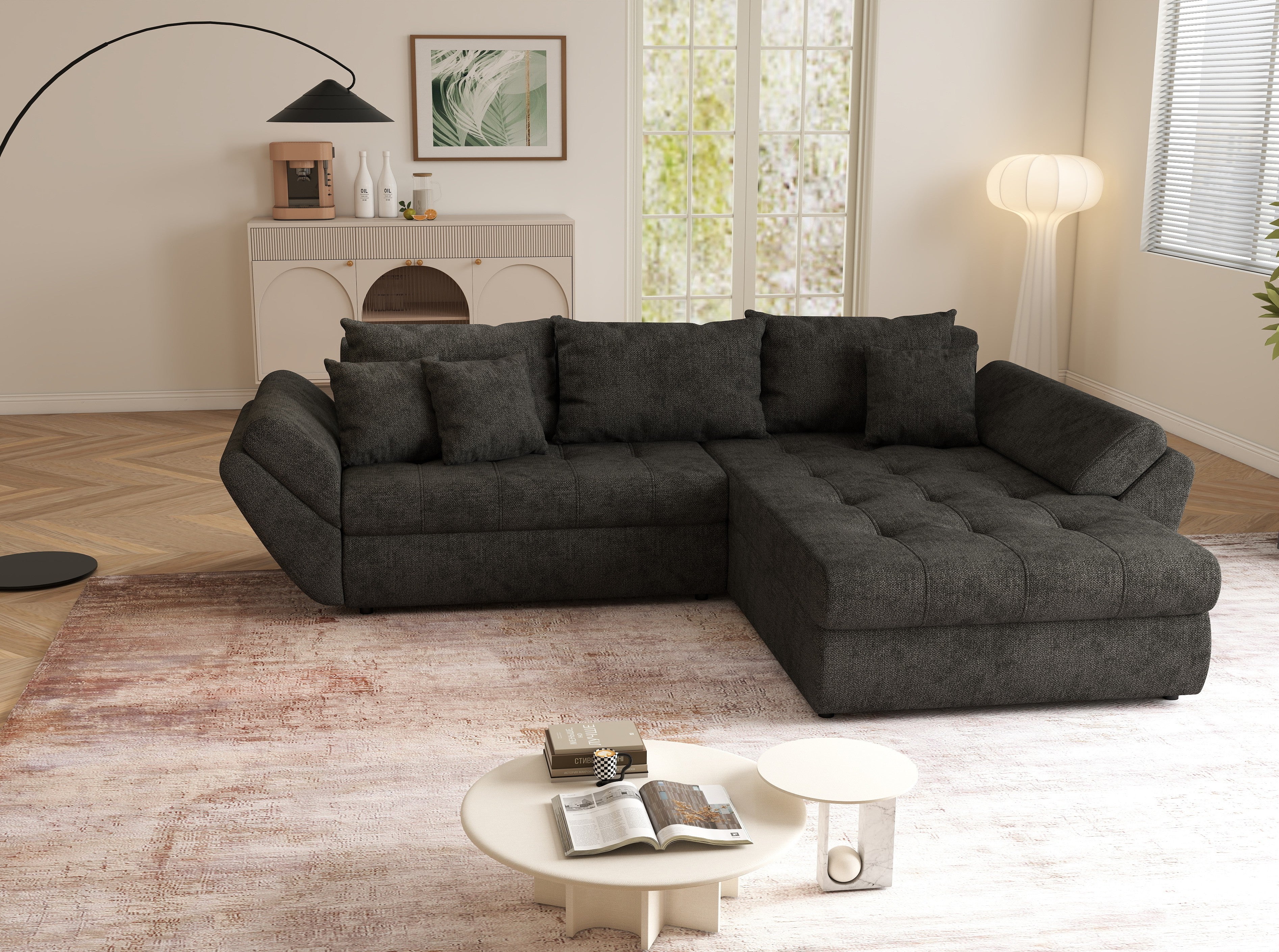 Colțar extensibil dumonde cu ladă de depozitare si sezut confortabil din spuma HR, Loana Negru 270x185 cm Fabrica