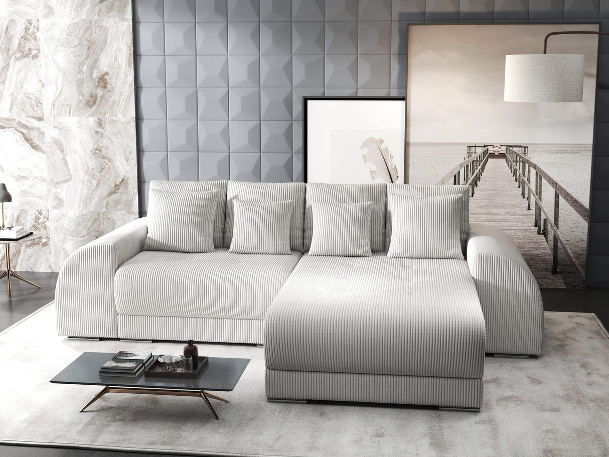 Colțar extensibil dumonde cu ladă de depozitare si sezut confortabil din spuma HR, Verona Zoom Gri II 290x185 cm Fabrica
