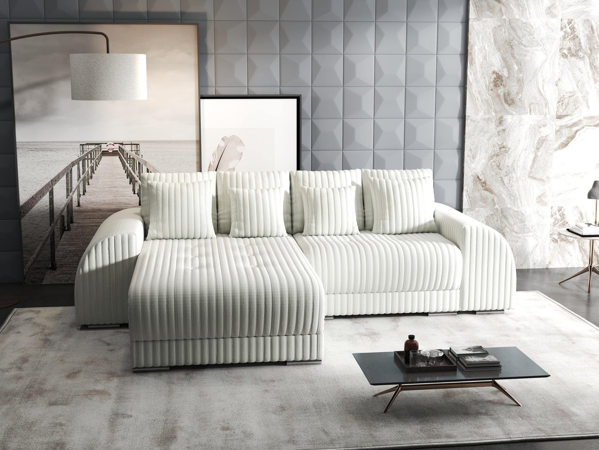 Colțar extensibil dumonde cu ladă de depozitare si sezut confortabil din spuma HR, Verona Ambience Alb 290x185 cm Fabrica