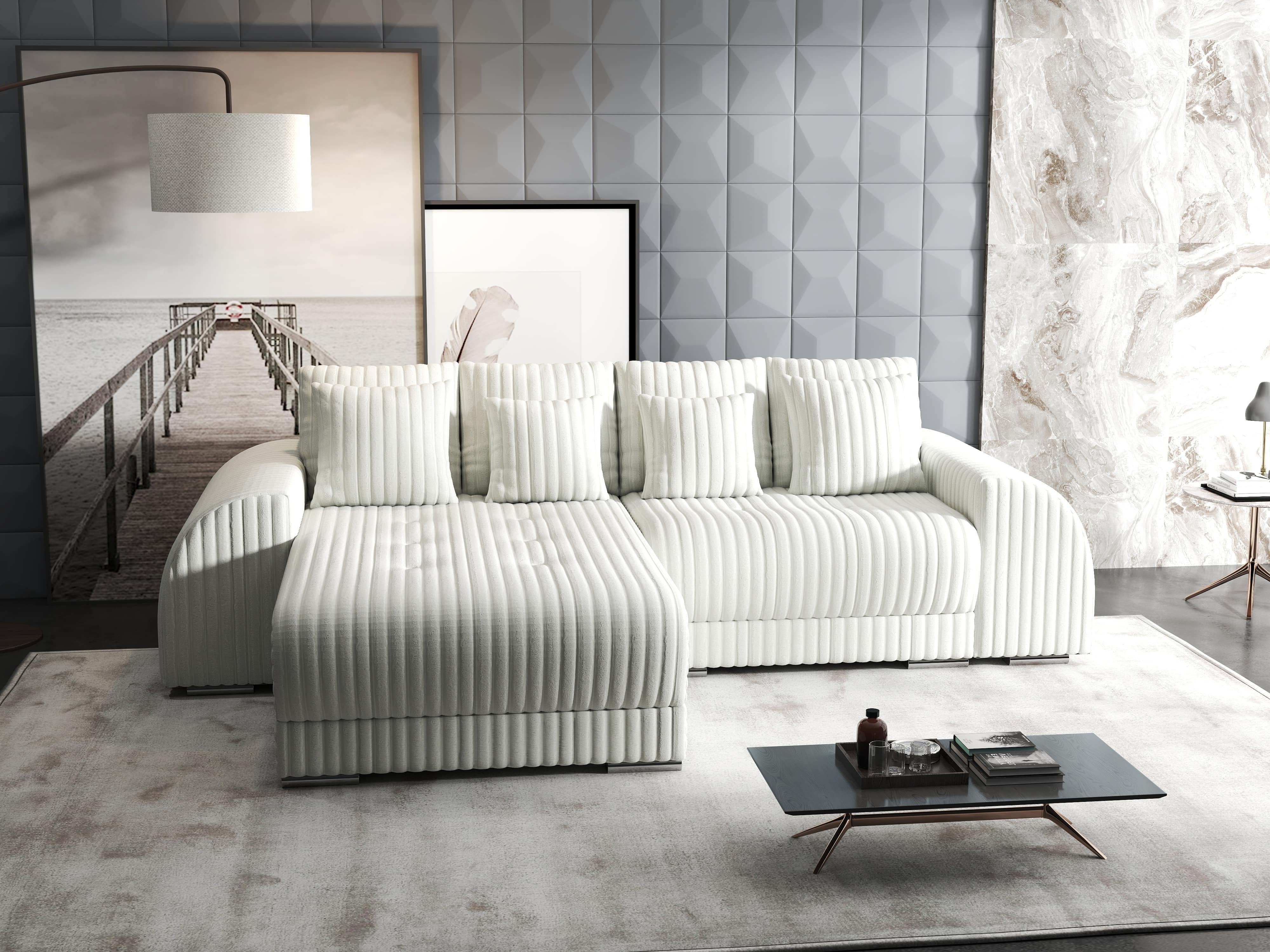 Colțar extensibil dumonde cu ladă de depozitare si sezut confortabil din spuma HR, Verona Ambience Alb 290x185 cm Fabrica