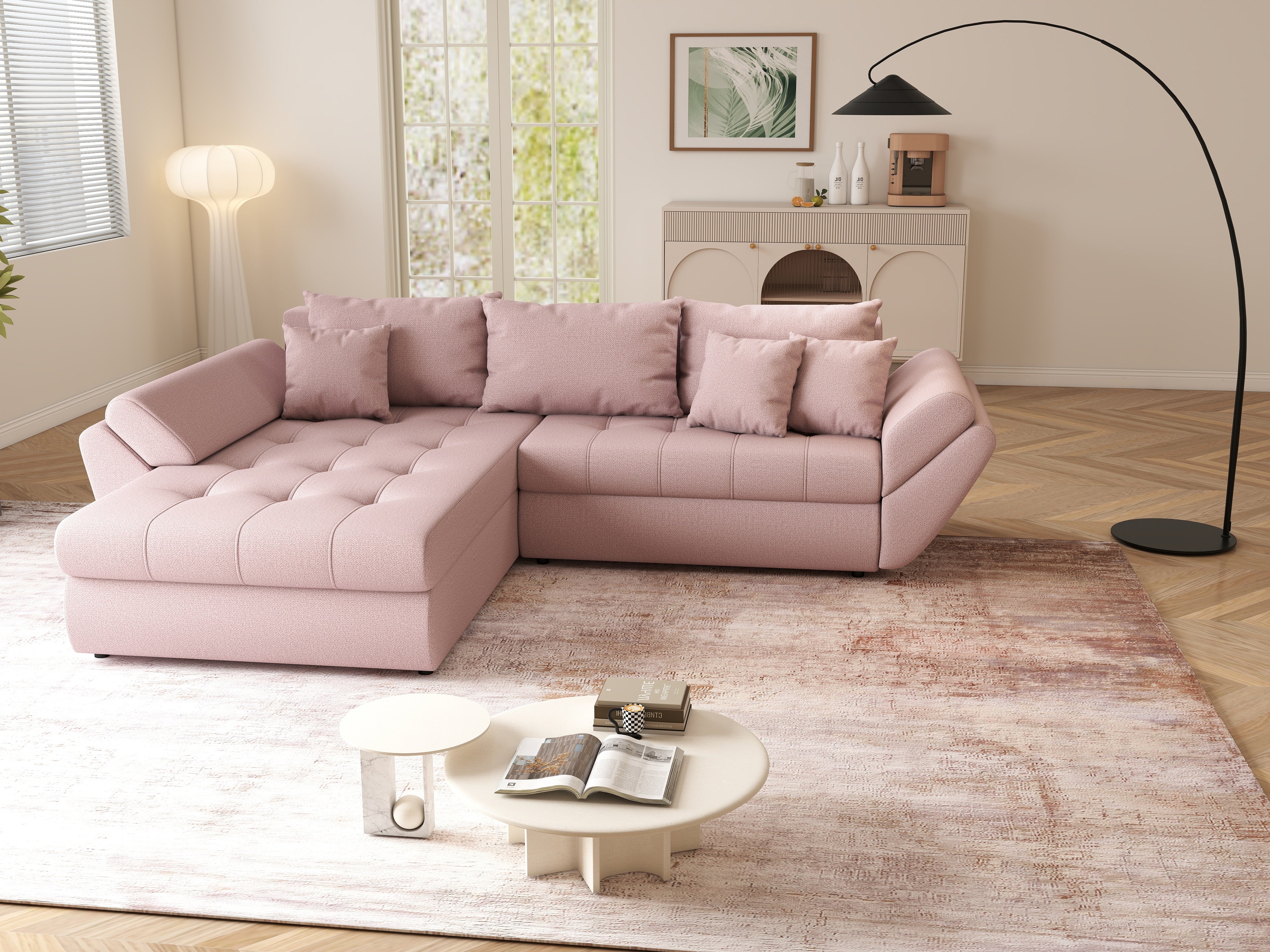 Colțar extensibil dumonde cu ladă de depozitare si sezut confortabil din spuma HR, Loana Roz 270x185 cm Fabrica