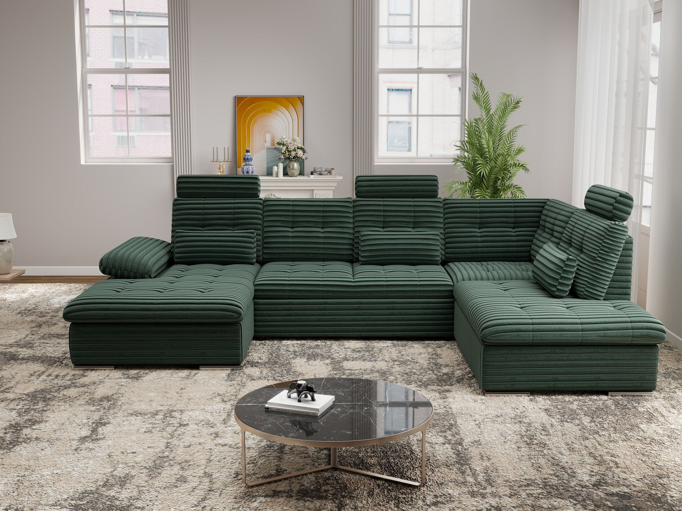 Colțar extensibil dumonde cu ladă de depozitare și șezut confortabil din spumă HR, Merkur U Ambience Verde 324x218 cm