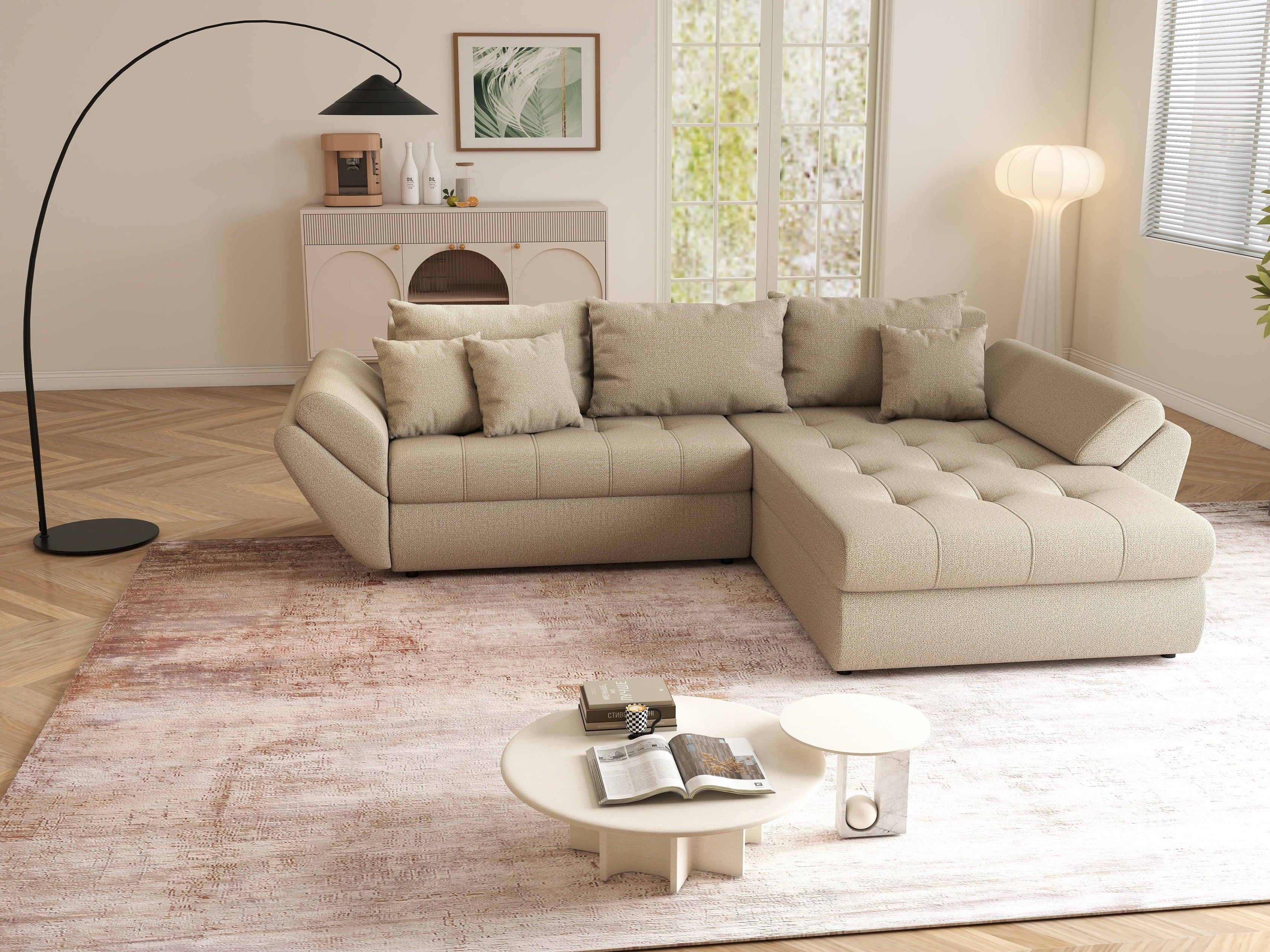 Colțar extensibil dumonde cu ladă de depozitare si sezut confortabil din spuma HR, Loana Camel II 270x185 cm Fabrica