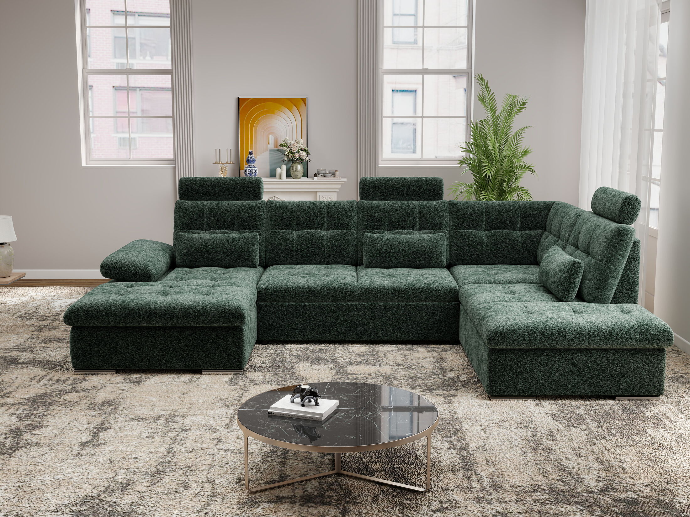 Colțar extensibil dumonde cu ladă de depozitare și șezut confortabil din spumă HR, Merkur U Euphoria Verde 324x218 cm