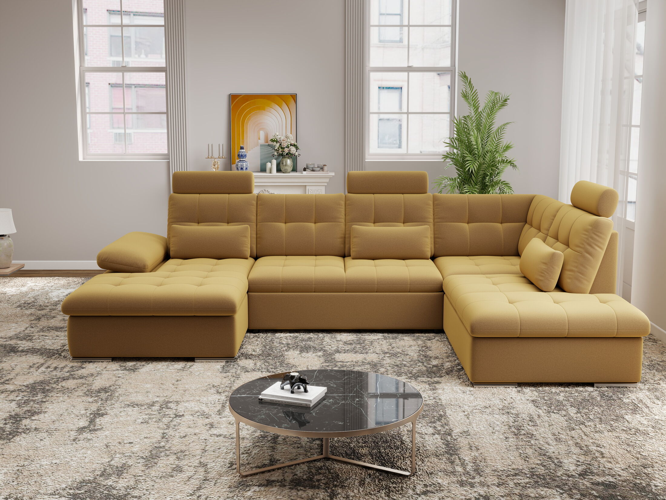 Colțar extensibil dumonde cu ladă de depozitare și șezut confortabil din spumă HR, Merkur U Royal Mustar 324x218 cm