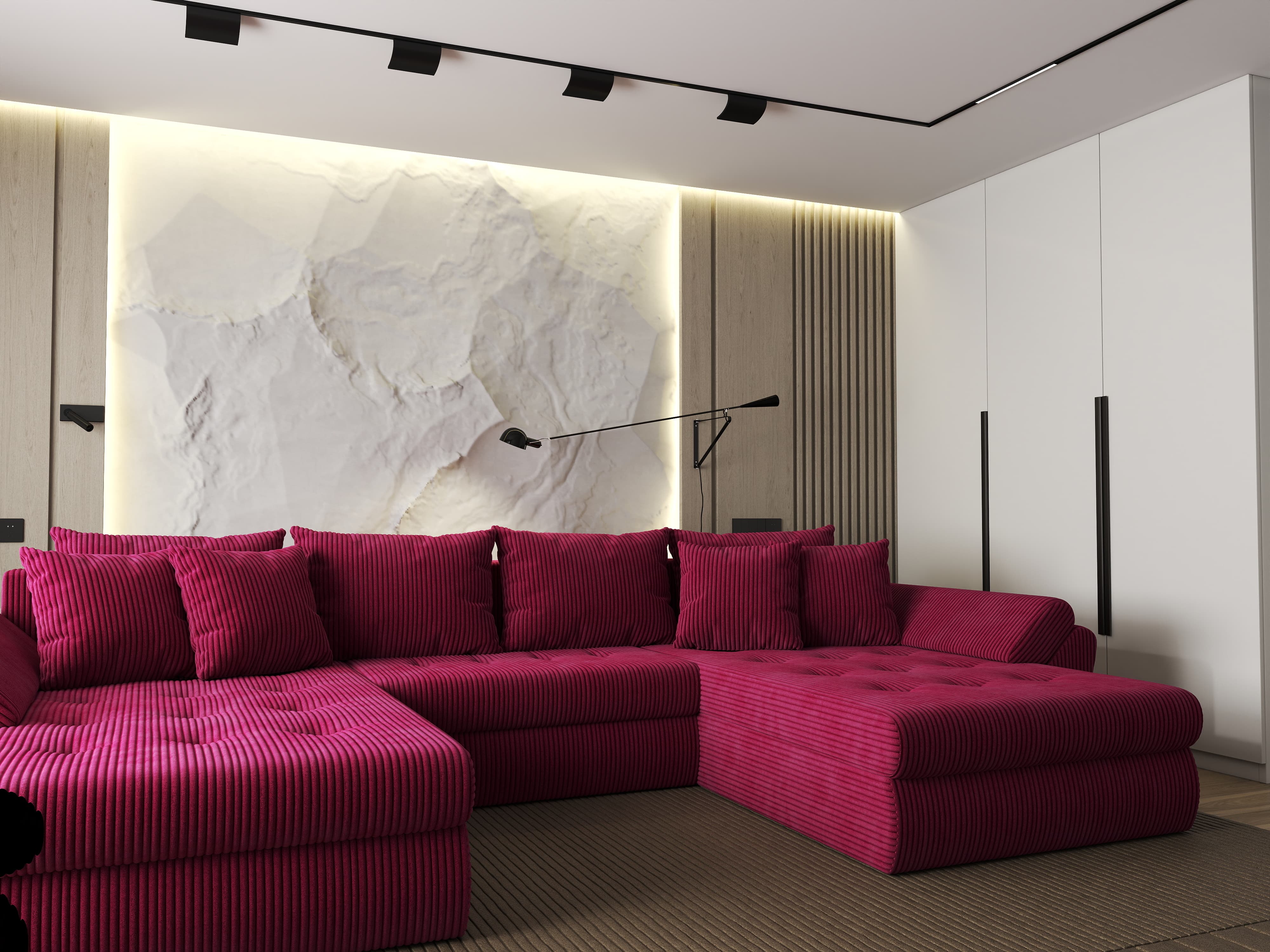 Colțar extensibil dumonde cu ladă de depozitare si sezut confortabil din spuma HR, Loana U Bordeaux Zoom 355x185 cm Fabrica