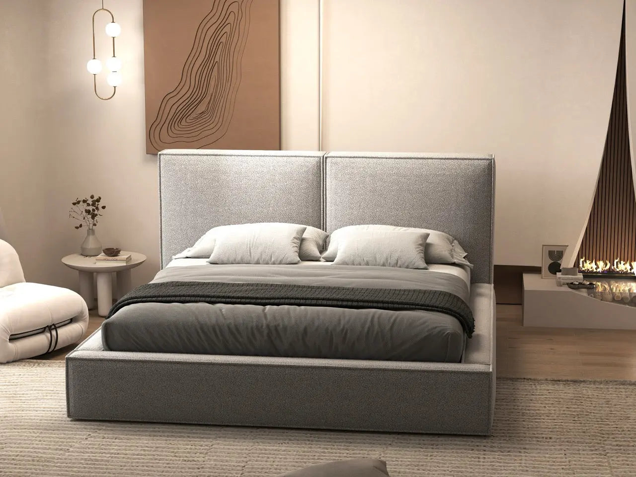 Pat dormitor dumonde, tapitat gri, Dreamer 160x200 cm, somiera rabatabila inclusa, spatiu depozitare WLS
