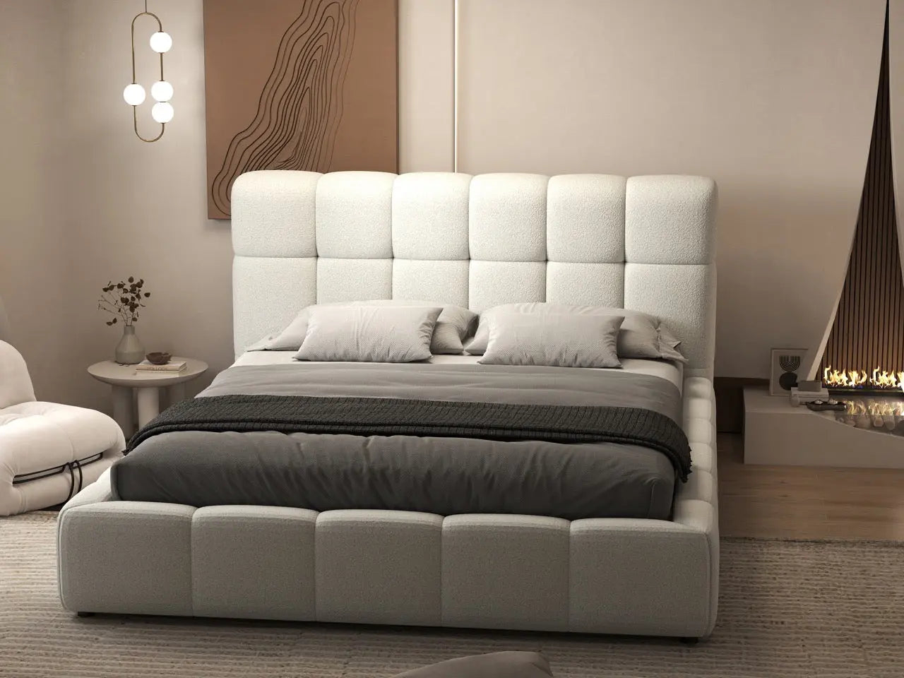 Pat dormitor dumonde, tapitat alb, Lorenzo 180x200 cm, somiera rabatabila inclusa, spatiu depozitare WLS