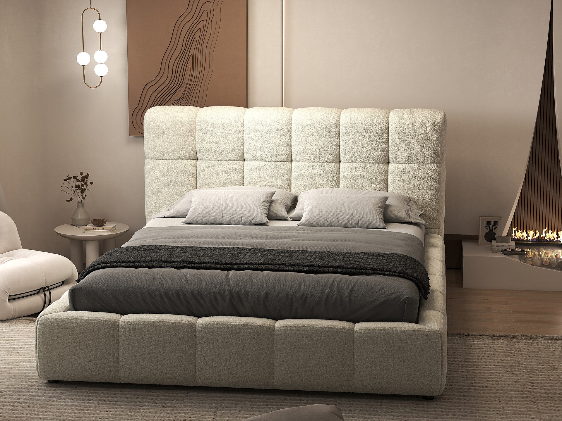 Pat dormitor dumonde, tapitat bej, Lorenzo 160x200 cm, somiera rabatabila inclusa, spatiu depozitare