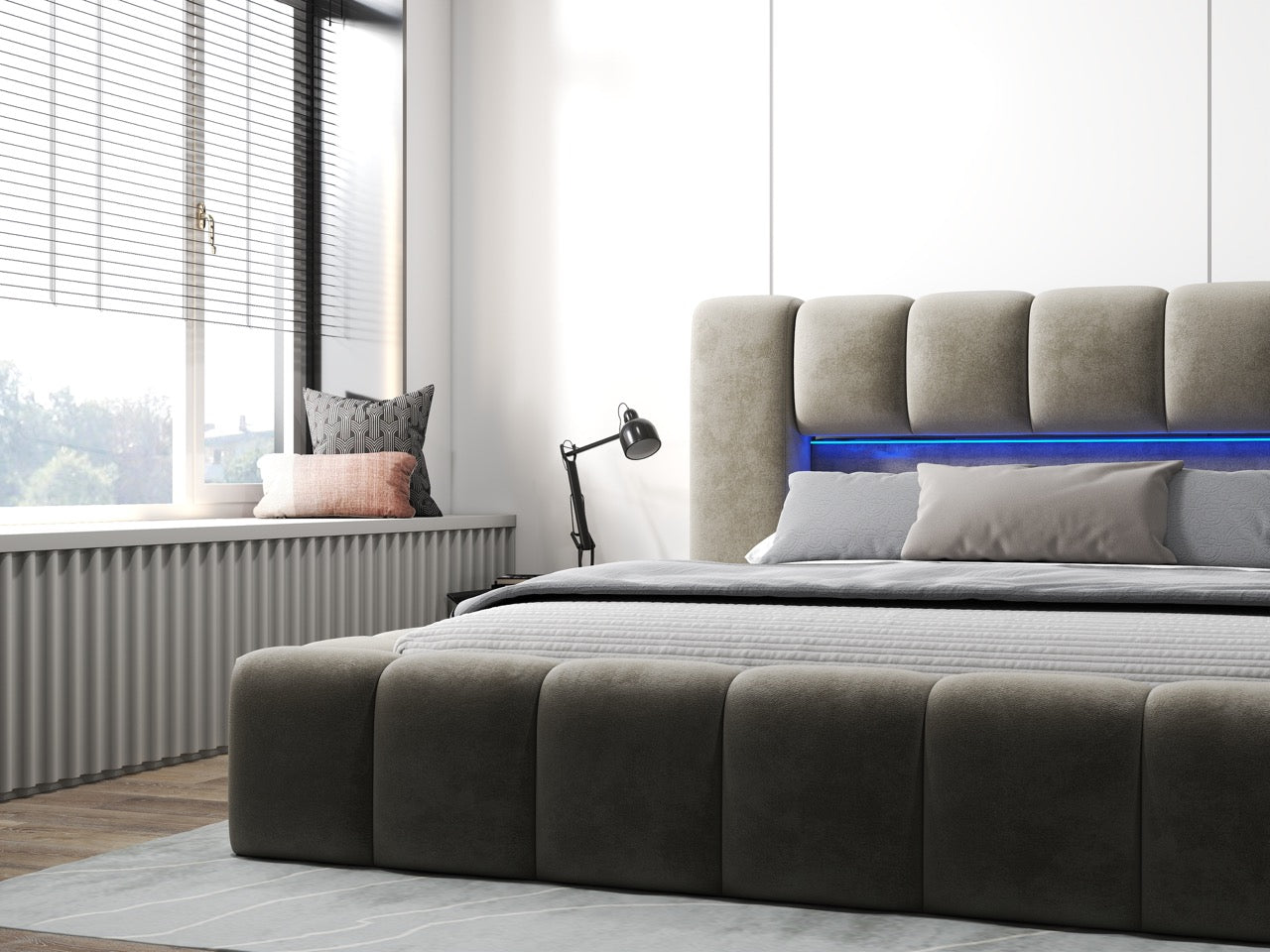 Pat dormitor dumonde, tapitat bej cu LED si USB, Palermo 160x200 cm, somiera rabatabila inclusa, spatiu depozitare WLS