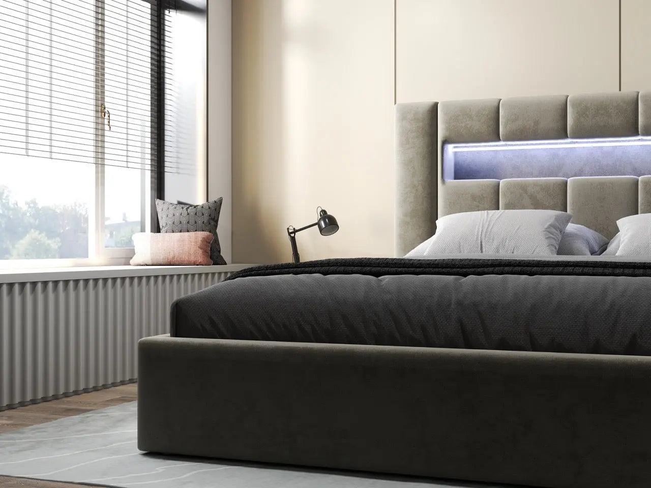 Pat dormitor dumonde, tapitat bej, Glow 180x200 cm, somiera rabatabila inclusa, spatiu depozitare WLS