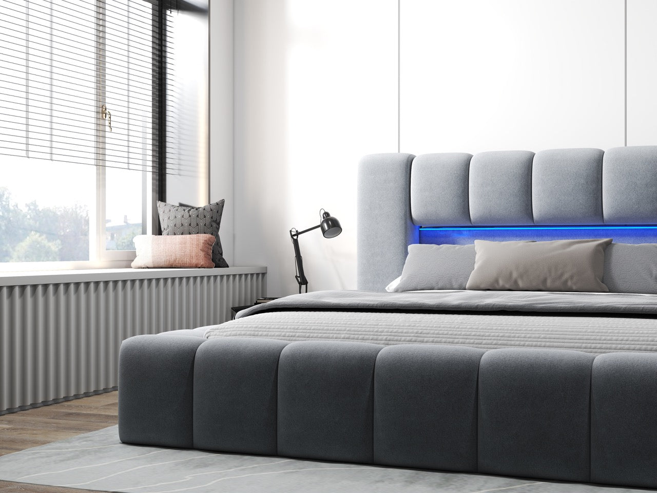 Pat dormitor dumonde, tapitat gri cu LED si USB, Palermo 160x200 cm, somiera rabatabila inclusa, spatiu depozitare WLS