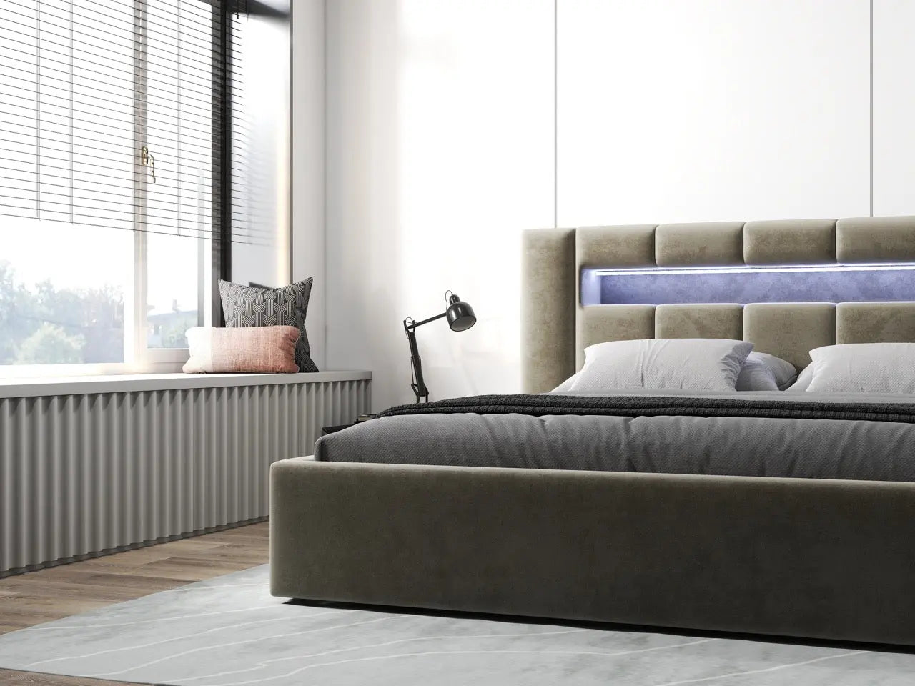 Pat dormitor dumonde, tapitat bej, Glow 160x200 cm, somiera rabatabila inclusa, spatiu depozitare WLS