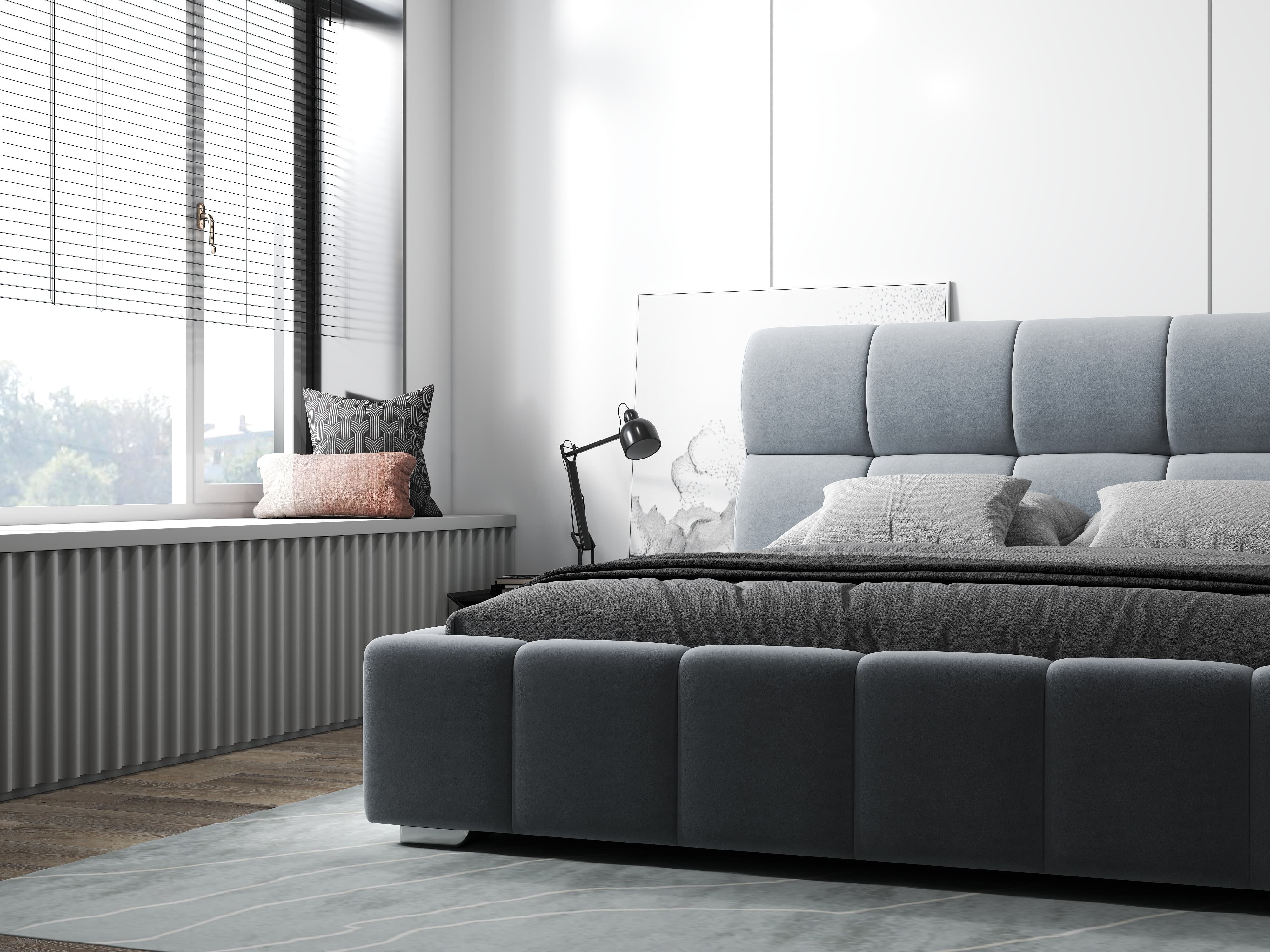Pat dormitor dumonde, tapitat gri, Prestige 160x200 cm, somiera rabatabila inclusa, spatiu depozitare