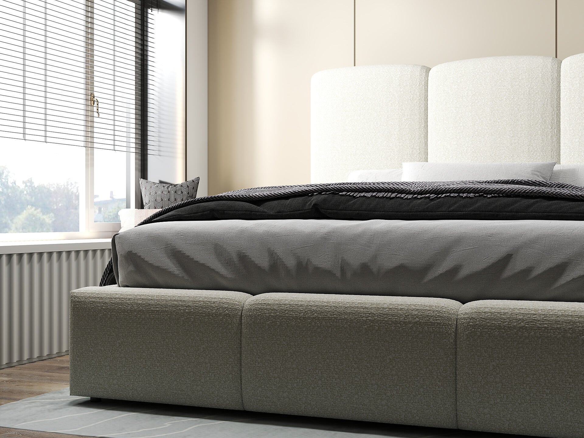 Pat dormitor dumonde, tapitat bej, Dinasty 160x200 cm, somiera rabatabila inclusa, spatiu depozitare