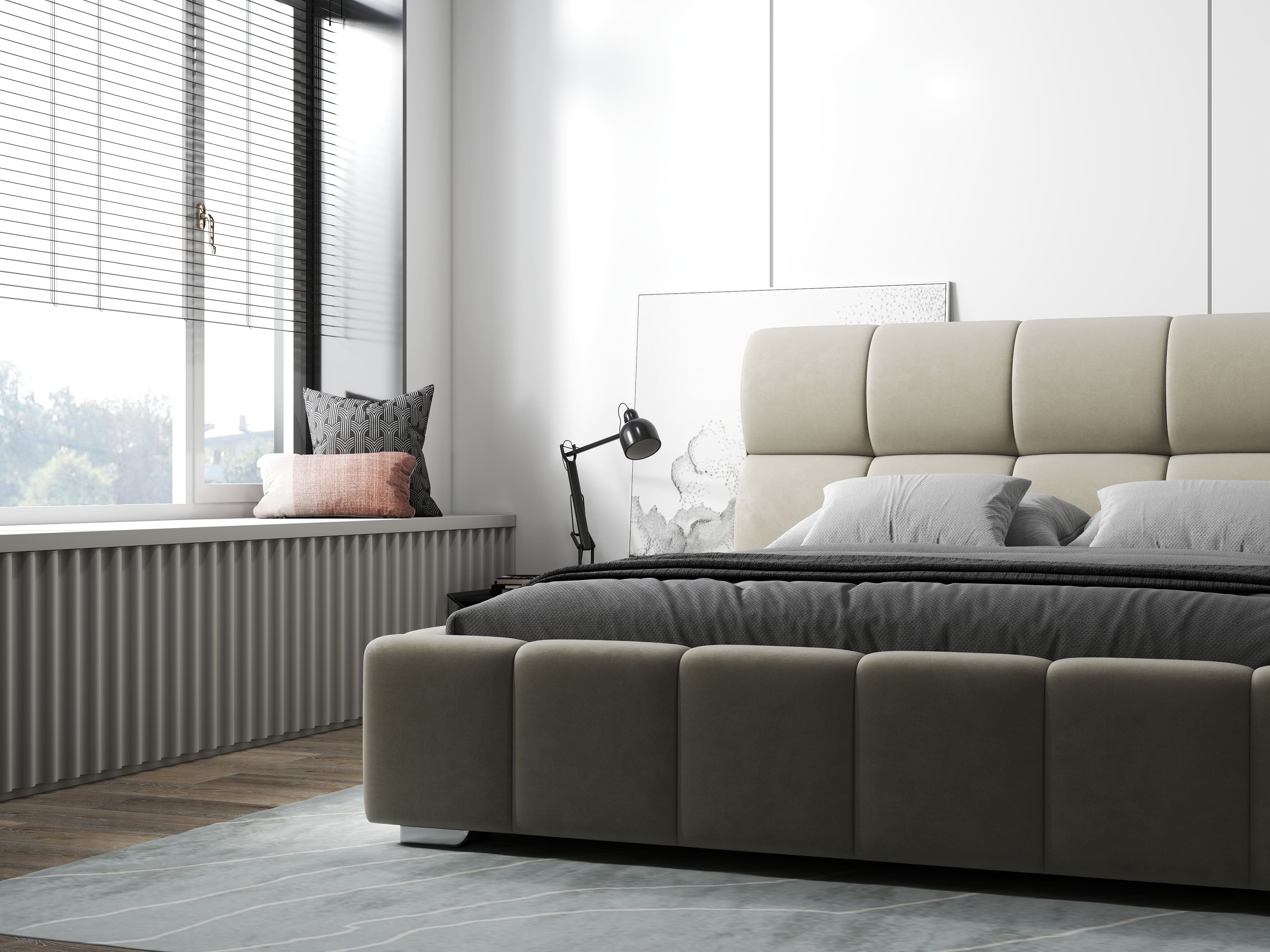 Pat dormitor dumonde, tapitat bej, Prestige 160x200 cm, somiera rabatabila inclusa, spatiu depozitare