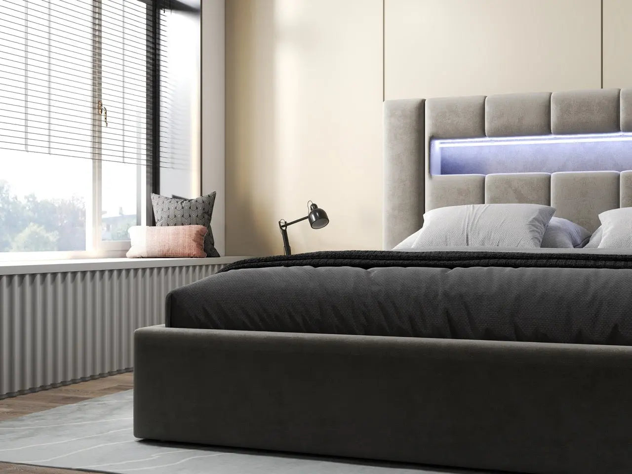 Pat dormitor dumonde, tapitat bej, Glow 160x200 cm, somiera rabatabila inclusa, spatiu depozitare WLS