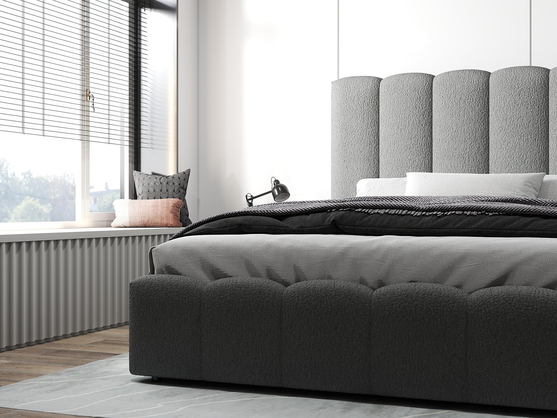 Pat dormitor dumonde, tapitat gri, Milano 140x200 cm, somiera rabatabila inclusa, spatiu depozitare