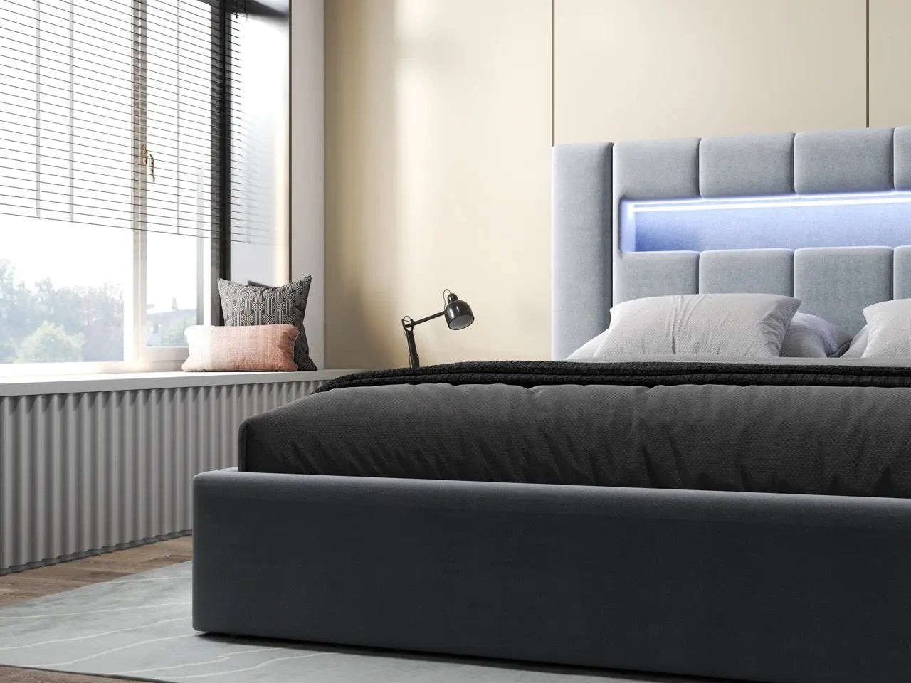 Pat dormitor dumonde, tapitat gri, Glow 180x200 cm, somiera rabatabila inclusa, spatiu depozitare WLS