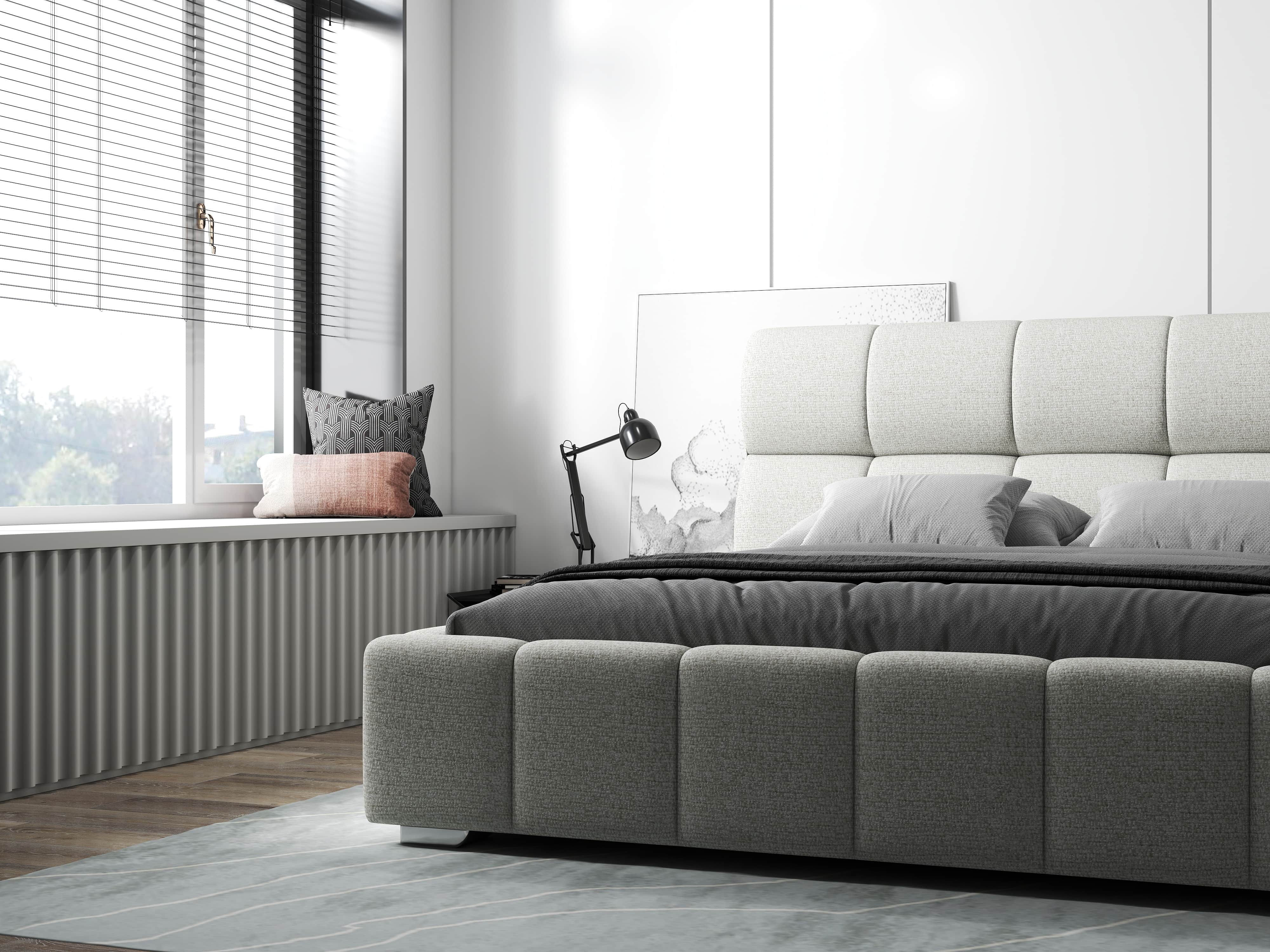 Pat dormitor dumonde, tapitat bej, Prestige 180x200 cm, somiera rabatabila inclusa, spatiu depozitare