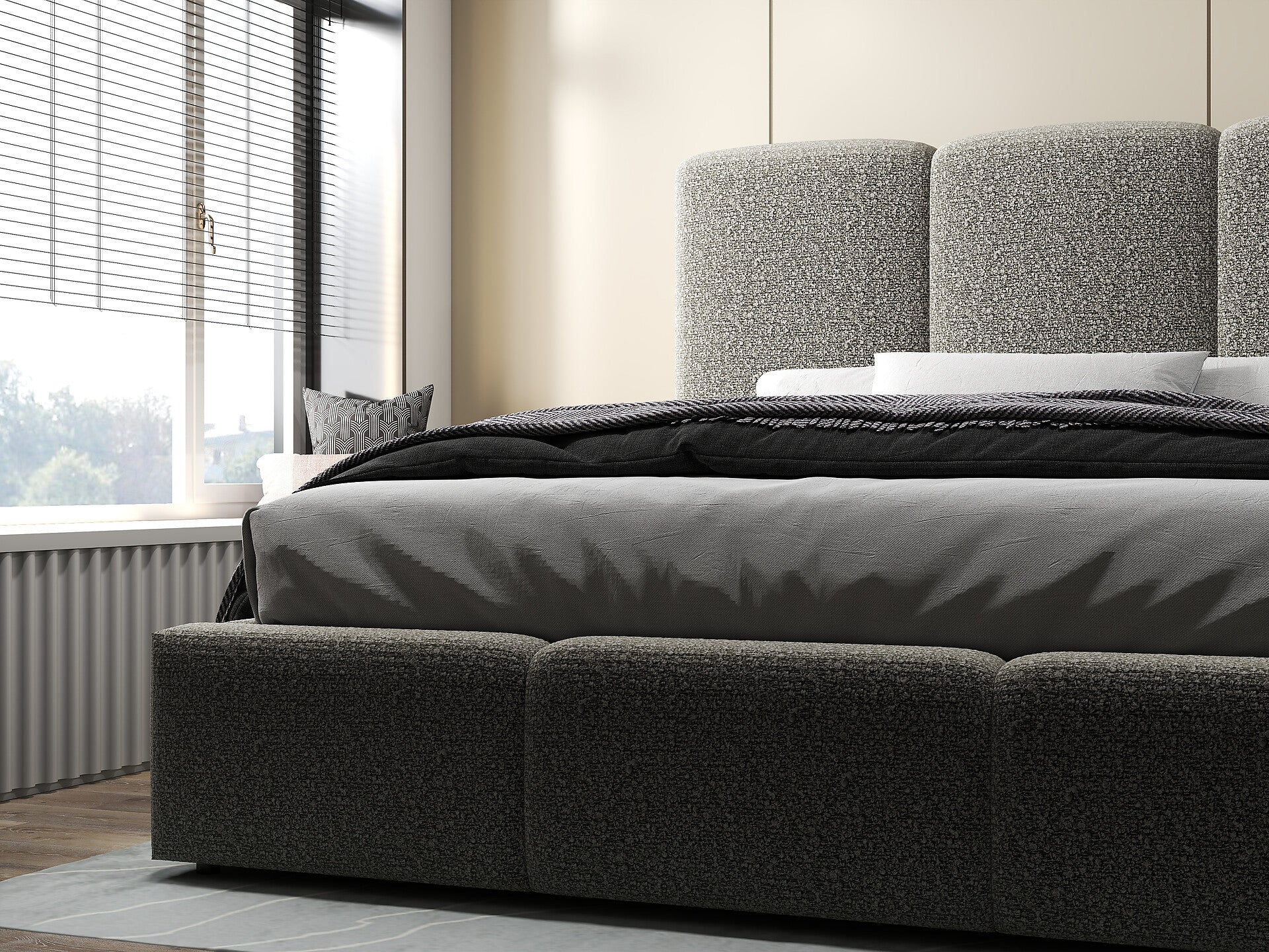 Pat dormitor dumonde, tapitat gri, Dinasty 160x200 cm, somiera rabatabila inclusa, spatiu depozitare