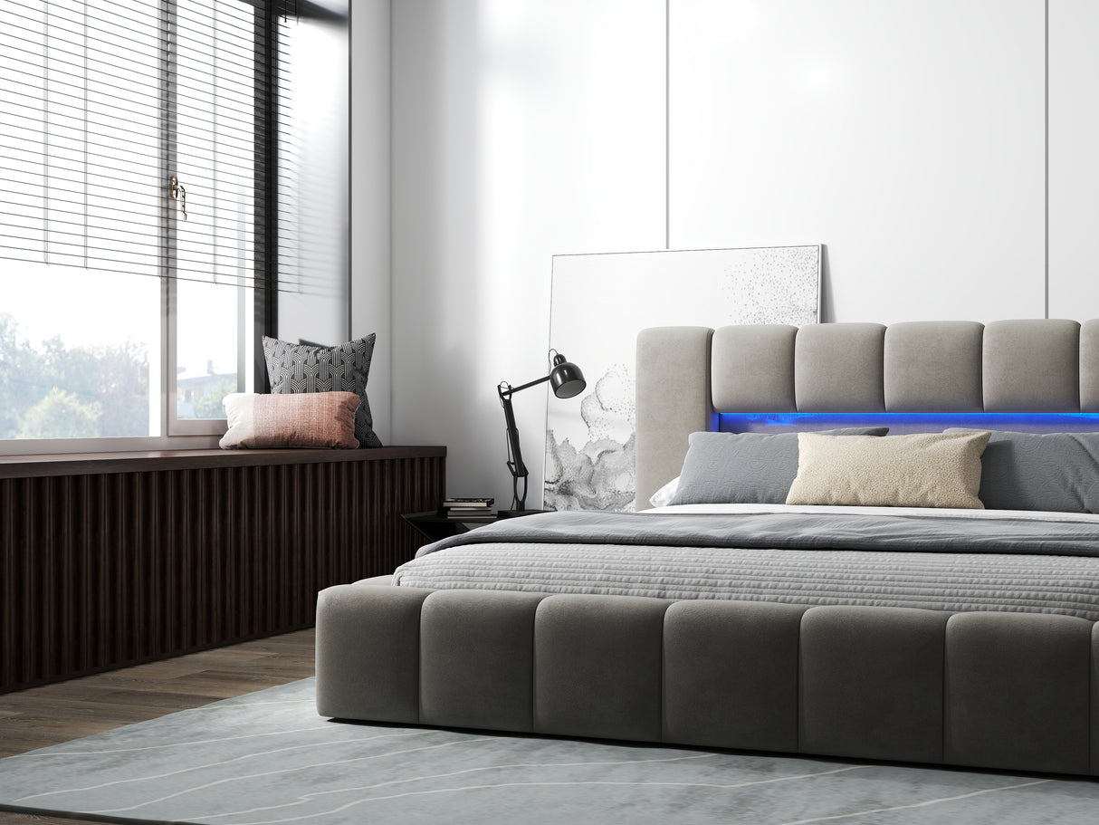 Pat dormitor dumonde, tapitat bej cu LED si USB, Palermo 180x200 cm, somiera rabatabila inclusa, spatiu depozitare